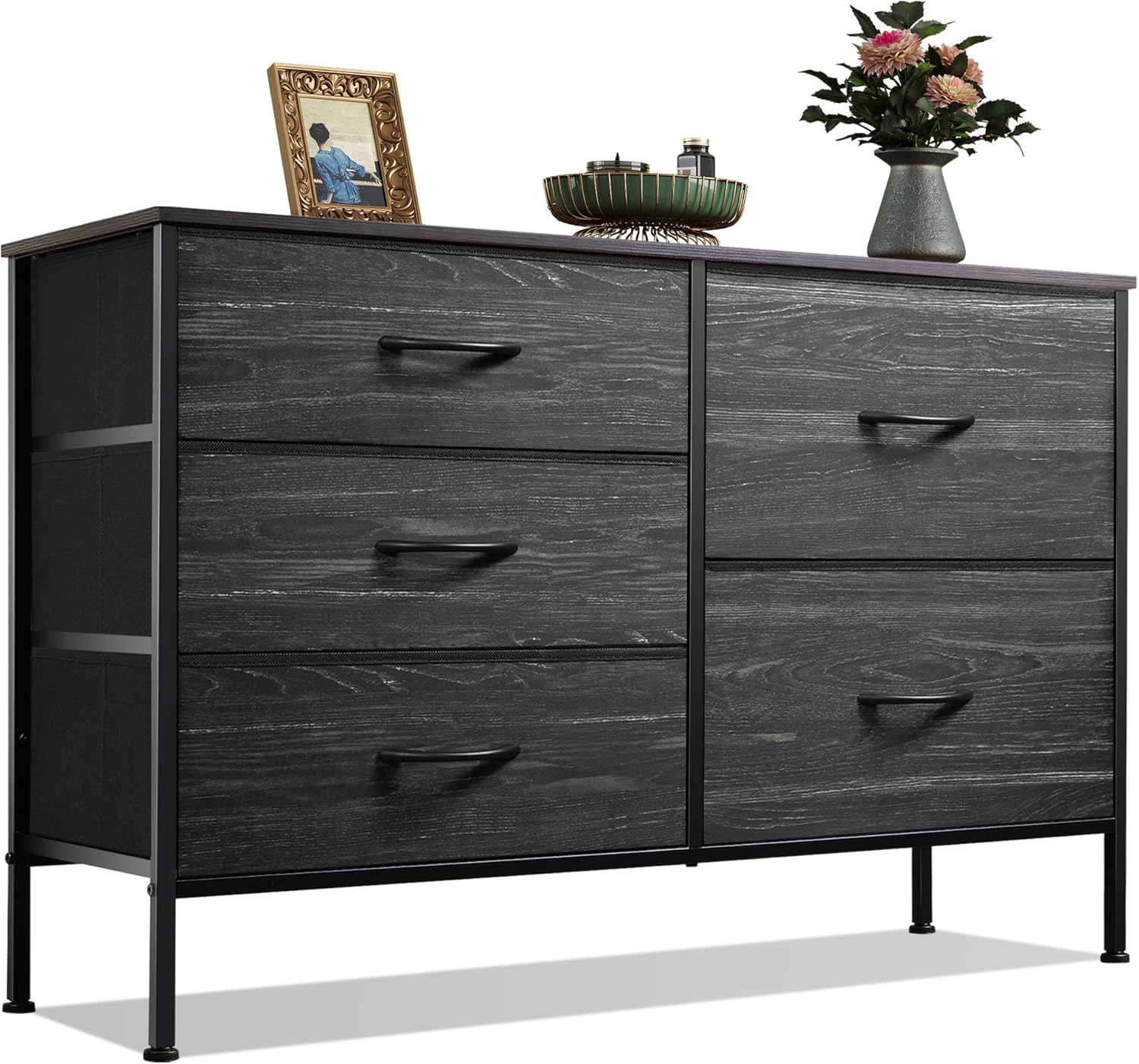 WLIVE Dresser for Bedroom with 5 Drawers, Wide Dressers with Drawer Organizers, Chest of Drawers, Fabric Dresser for Living Room, Closet, Hallway, Charcoal Black Wood Grain Print