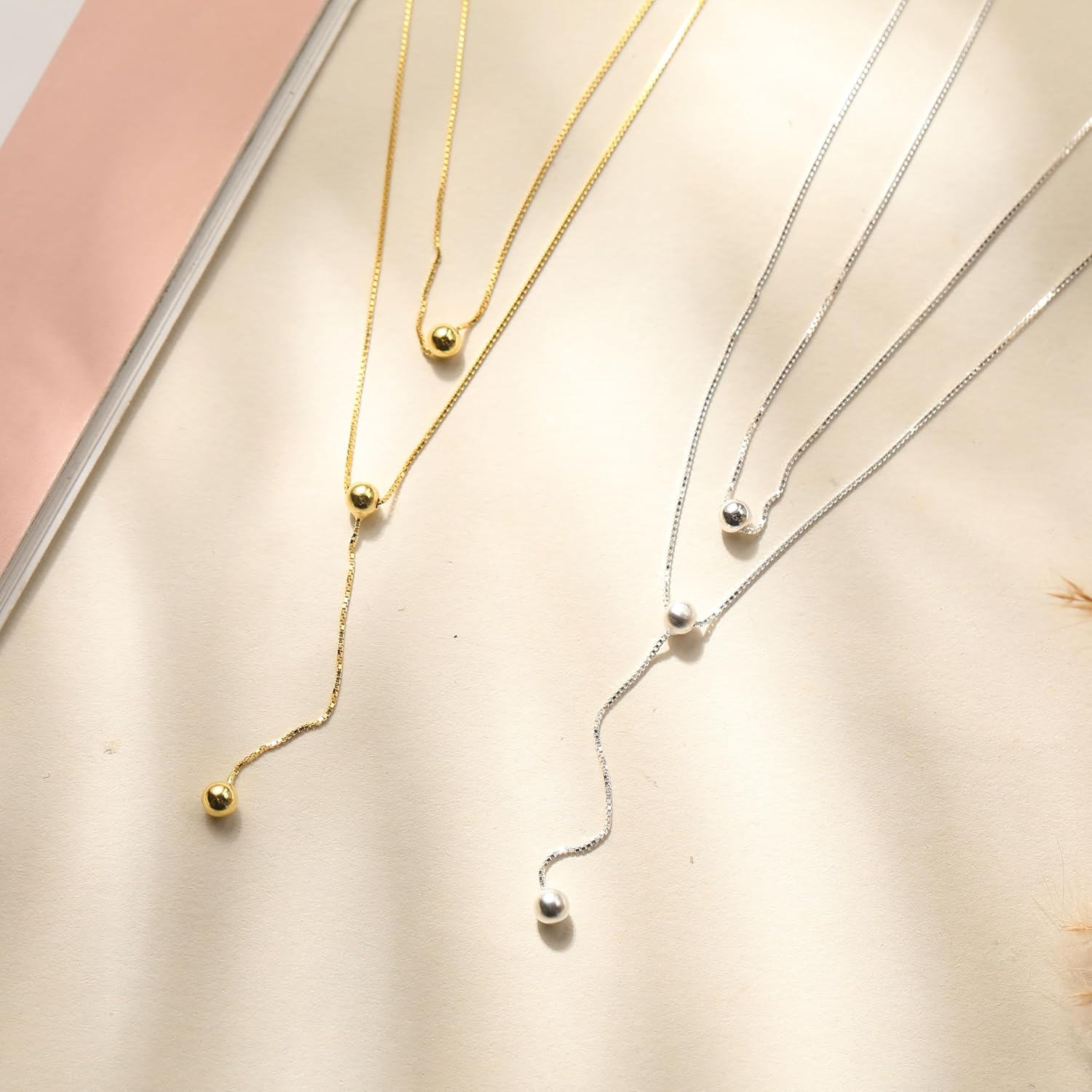 Y Shaped Layer Bead Pendant Necklaces for Women Mom 925 Sterling Silver Dainty Long Chain Necklace 14K Gold Plated Round Balls Multilayer Adjustable Trendy Drop Choker Valentine's Day Jewelry Gifts - Image 5