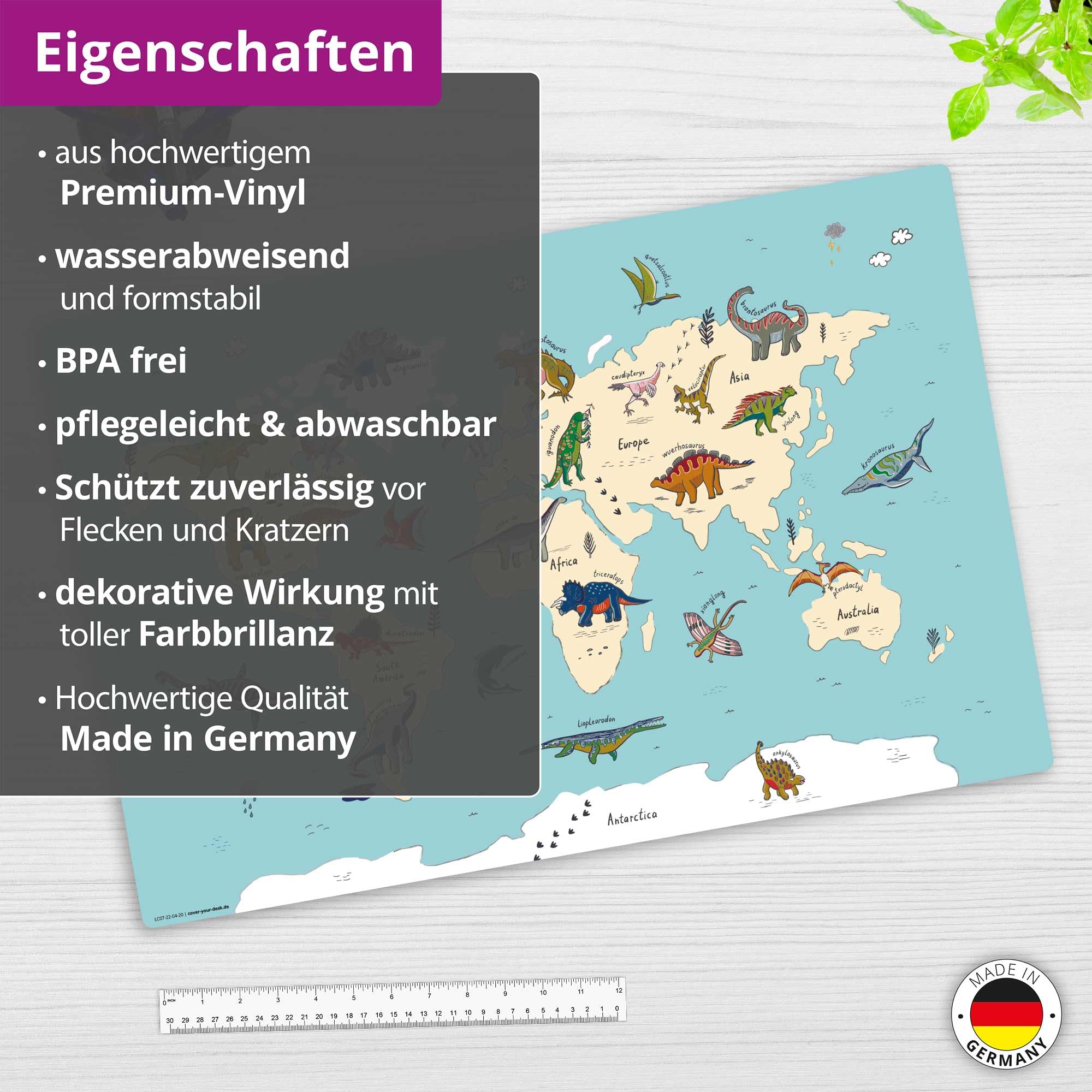 Bureauonderlegger voor kinderen, dinosaurus, wereldkaart, van premium vinyl, kunststof, BPA-vrij, 60 x 40 cm, Made in Germany