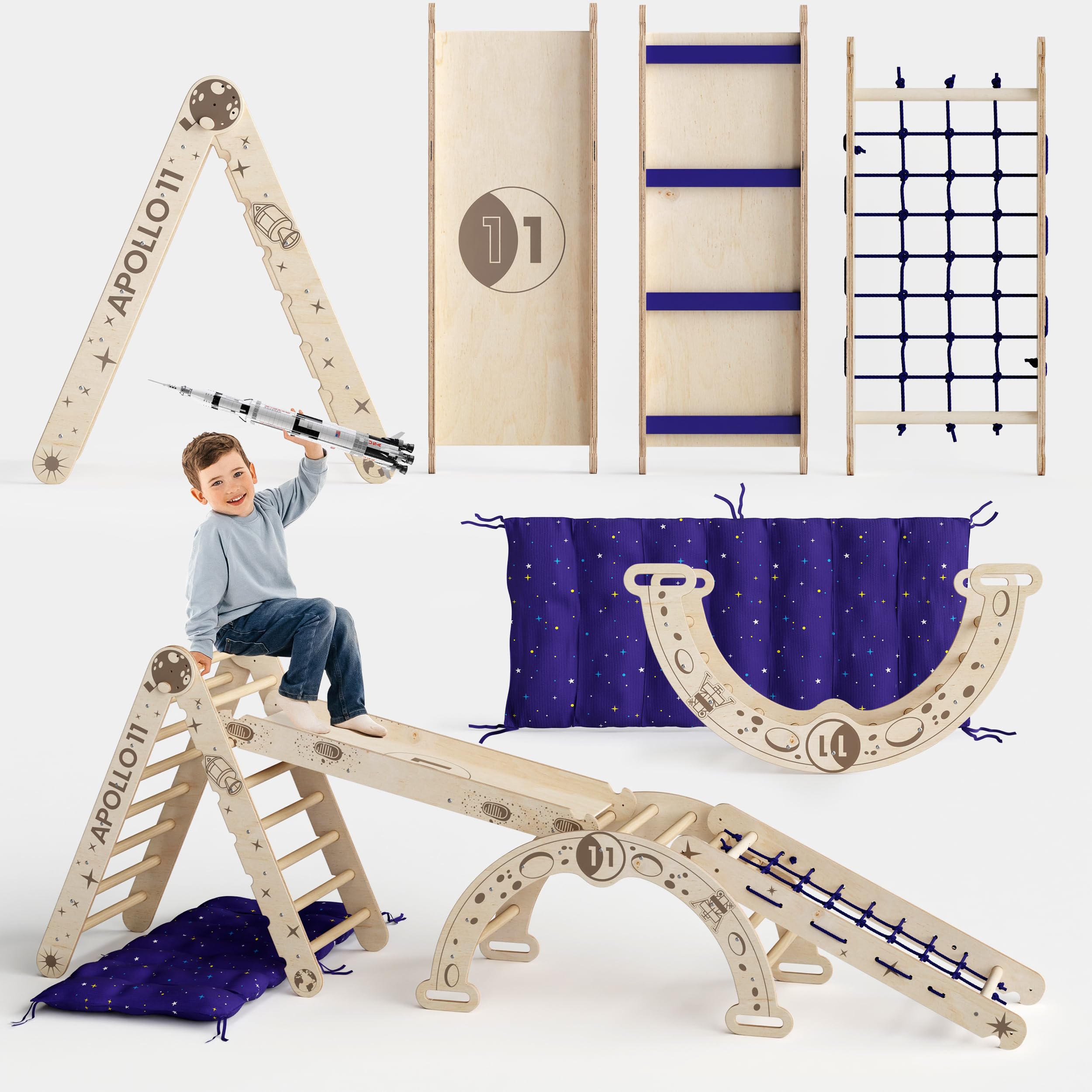Goodevas Apollo 5 in 1 Space Set da arrampicata per bambini – Attrezzo da gioco in legno Montessori ispirato alla NASA: Triangolo Pikler, arco lunare, scivolo, rete e cuscino a stella, per piccoli