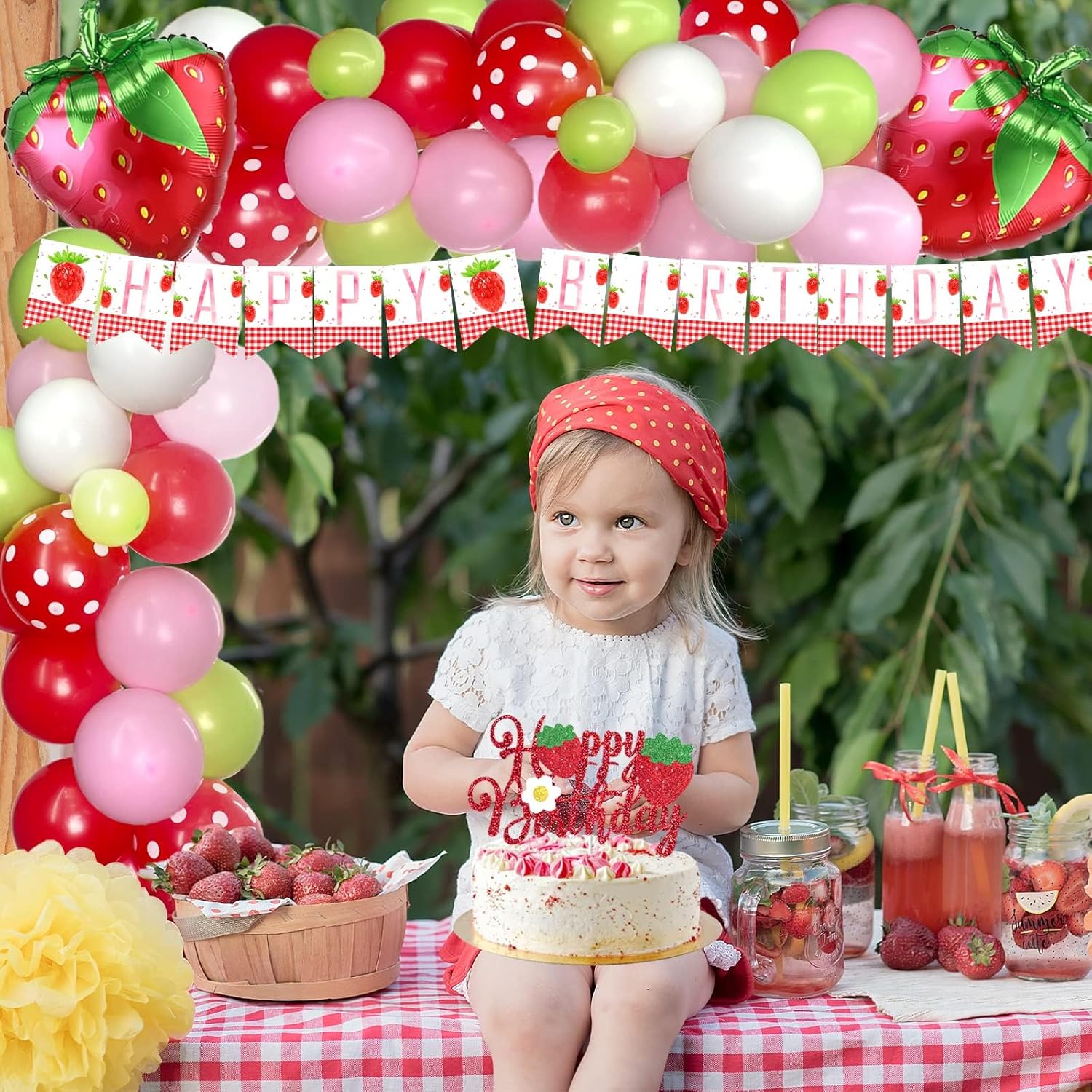 103 PCs Strawberry Party Decorations, Hombae Strawberry Decorations for Birthday Backdrop Balloon Garland Arch Happy Birthday Banner Cake Cupcake Topper Pink White Red