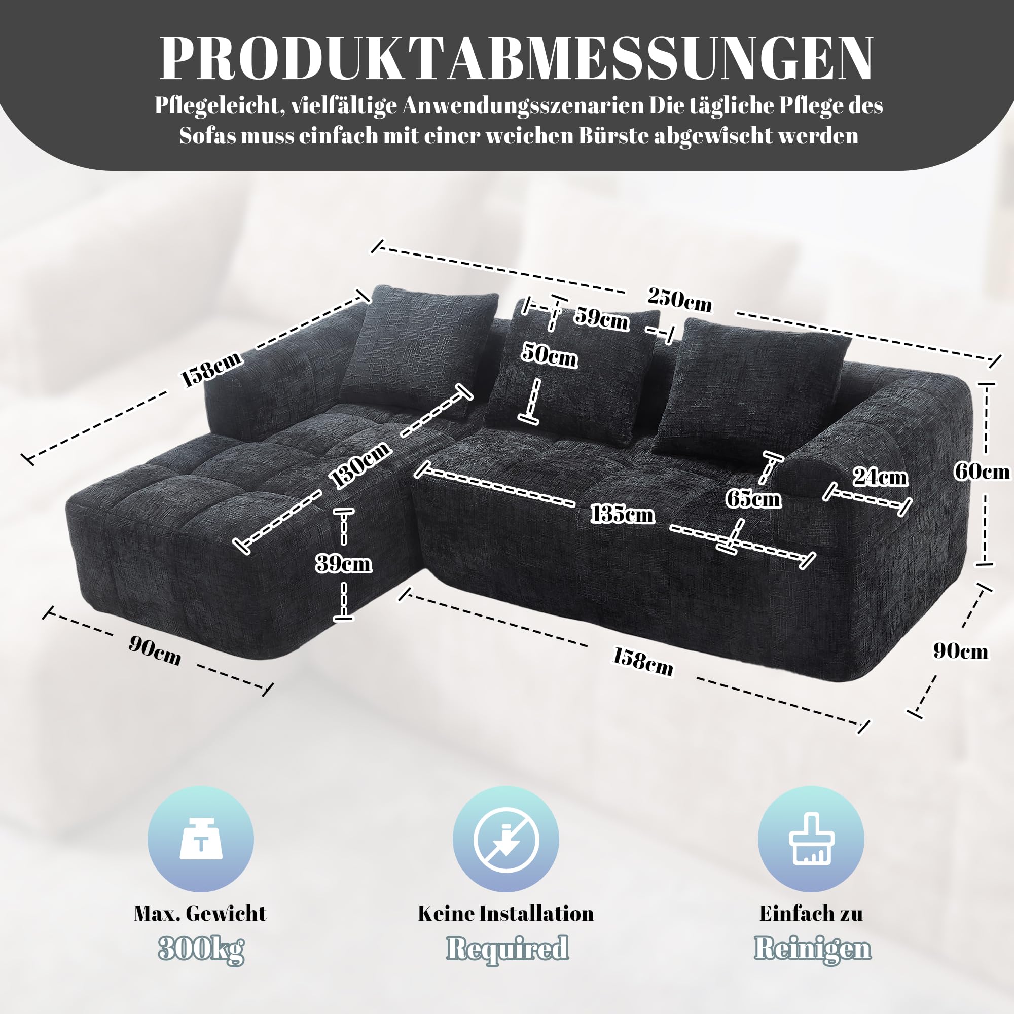 Soweiz Sofá L, sofá de 3 plazas, sofá seccional, no requiere instalación, sofás de chenilla con chaise longue y reposabrazos, 3 cojines, bolsillo lateral para mando a distancia, 250 x 158 x 60 cm