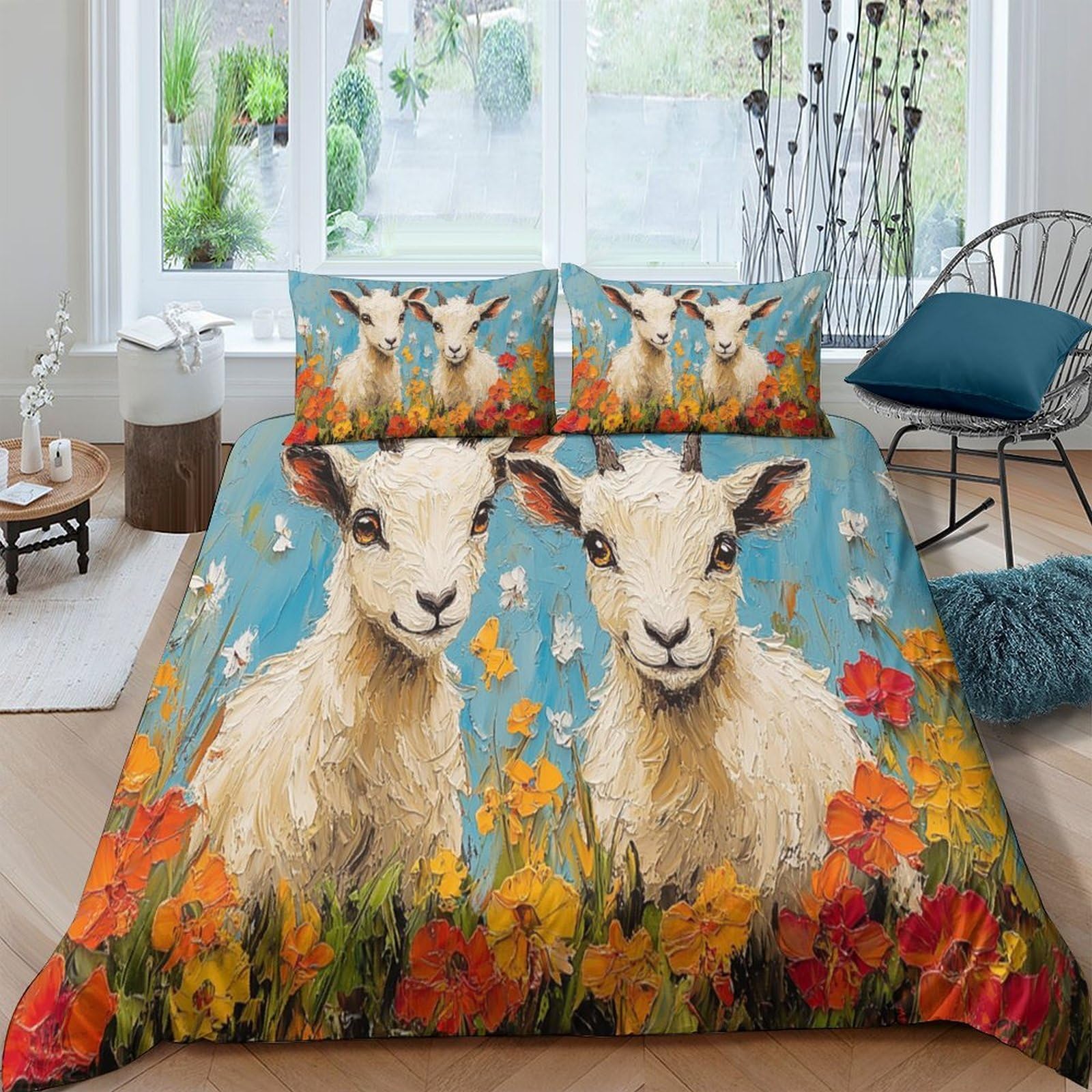 Ctjqhvkz Style-6 3D Printed Goat In Flower Field Fitted Sheet Microfiber Soft Mattress Cover For Bedroom Guest Room Dorm Decor Single（135X200cm）