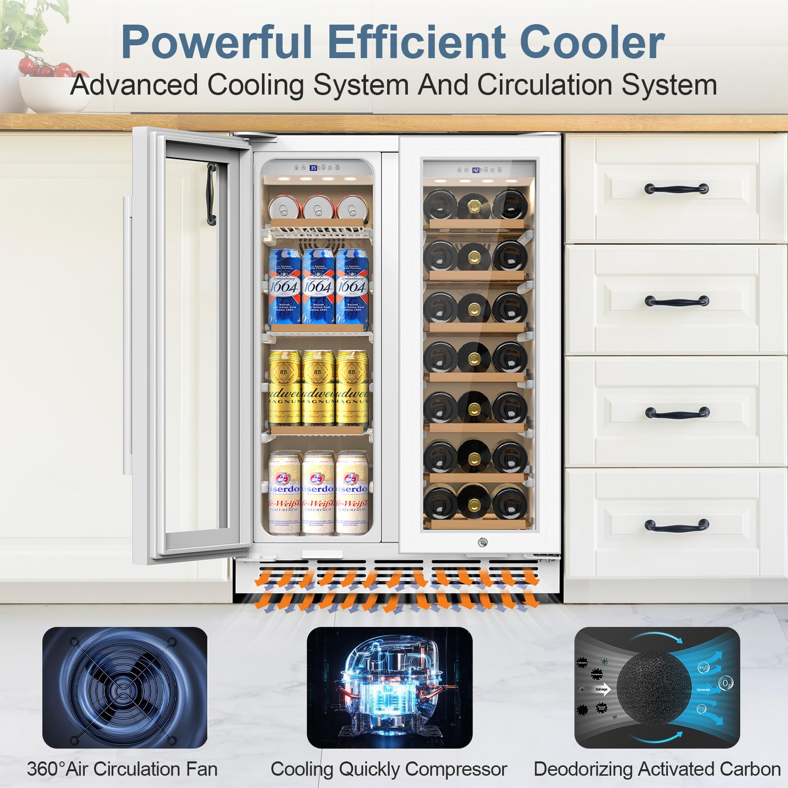 Fomup Wine And Beverage Refrigerator, 24 Inch Beverage Cooler Dual Zone With Glass Door, Under Counter Beverage Fridge With Upgraded 65 Cans 18 Bottles Large Capacity, White on Fridge.com - View 5