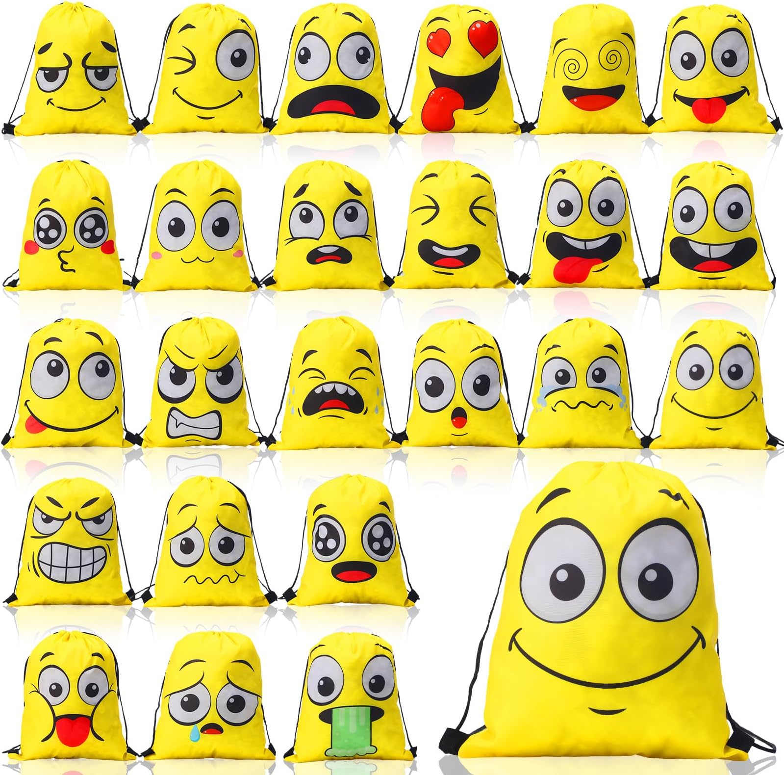 24 Pcs Emoticon Drawstring Backpack for Kids Teens Bags Emotion Party Supplies Shoulder Gym Stuff Swimming Drawstring Bag Nylon Backpack for Boys Girls Candy Favors Party Gift
