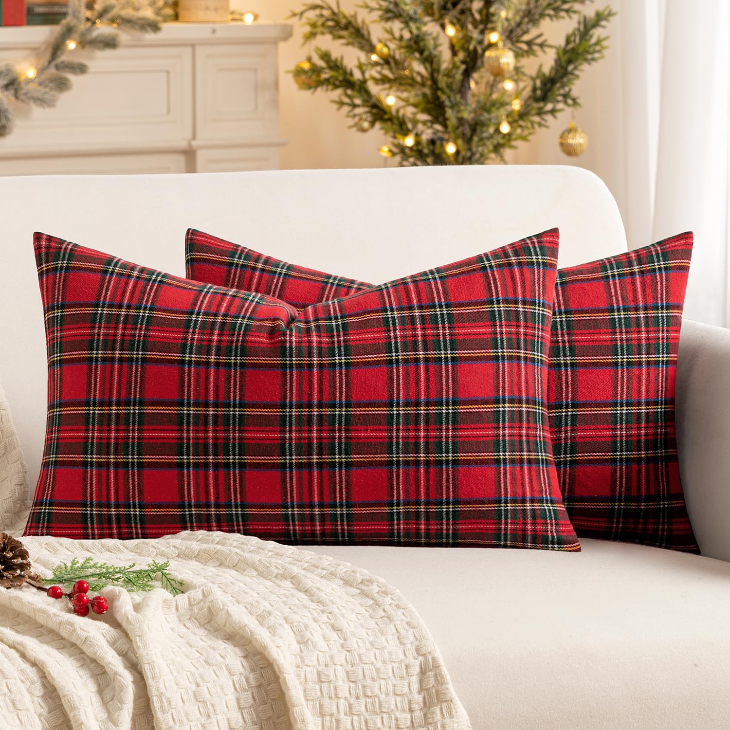 MIULEE Christmas Plaid Pillow Covers Scottish Tartan 12x20 Red | Set of 2 Christmas Decorations Lumbar Cushion Cover, Farmhouse Winter Home Decor, for Thanksgiving Sofa Couch Bed Living Room