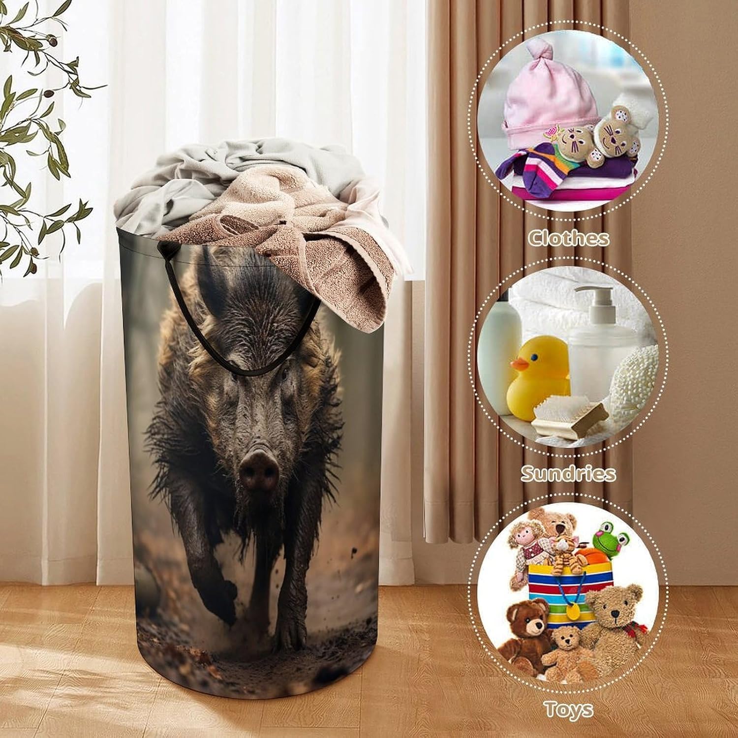 Wild Boar Photos Laundry Basket Freestanding Laundry Hamper with Handles Waterproof Dirty Clothes Hamper Collapsible Washing Bin Aesthetic Clothes Basket for Bathroom Bedroom Dorm