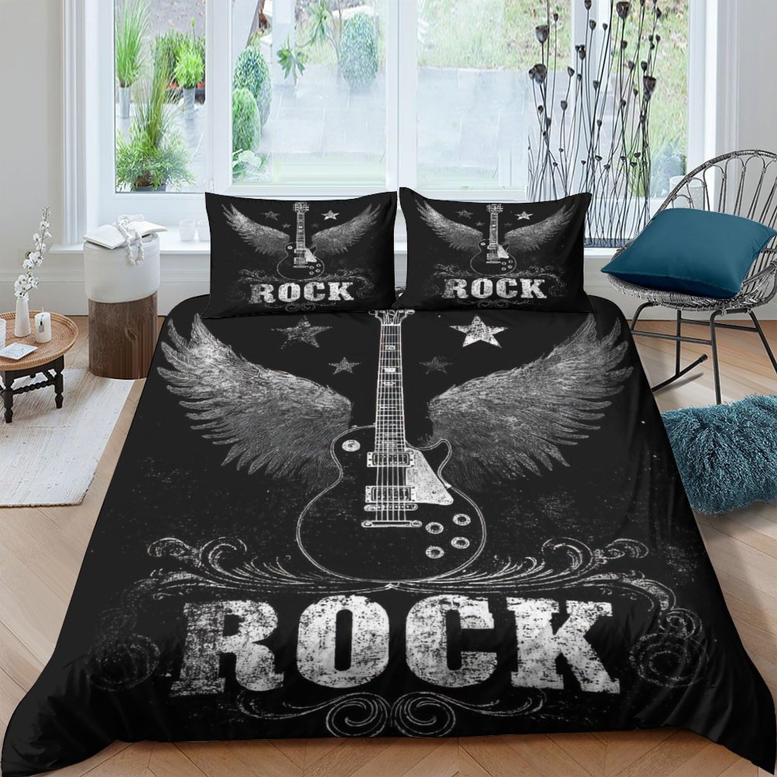 Ctjqhvkz Style-7 3D Printed Rock Guitar Fitted Sheet Microfiber Black Wing Bed Cover For Bedroom Guest Room Decor Easy Care Single（135X200cm）