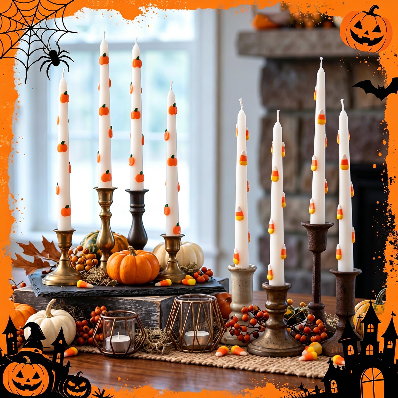 Lyrow Paquete de 8 velas con icono de Halloween espeluznantes velas perfumadas de caramelo de calabaza para decoraciones de Halloween, suministros de fiesta, decoración del hogar, regalos (caramelo de