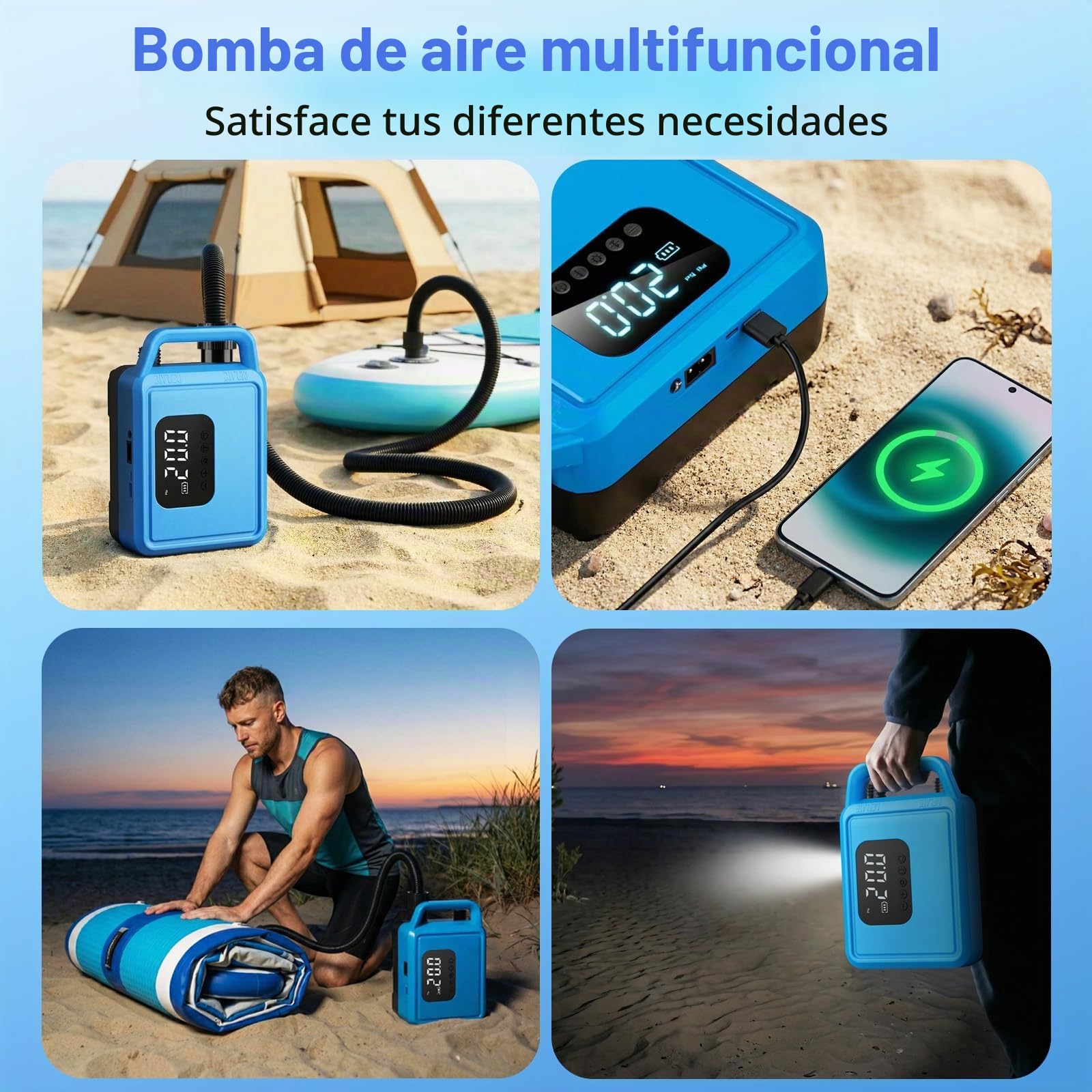 Bomba SUP eléctrica, 20 psi, bombas de aire con batería recargable de 15600 mAh, precisión inteligente de inflación/descarga de hasta 0,01 bar, apagado automático para tablas SUP, kayak