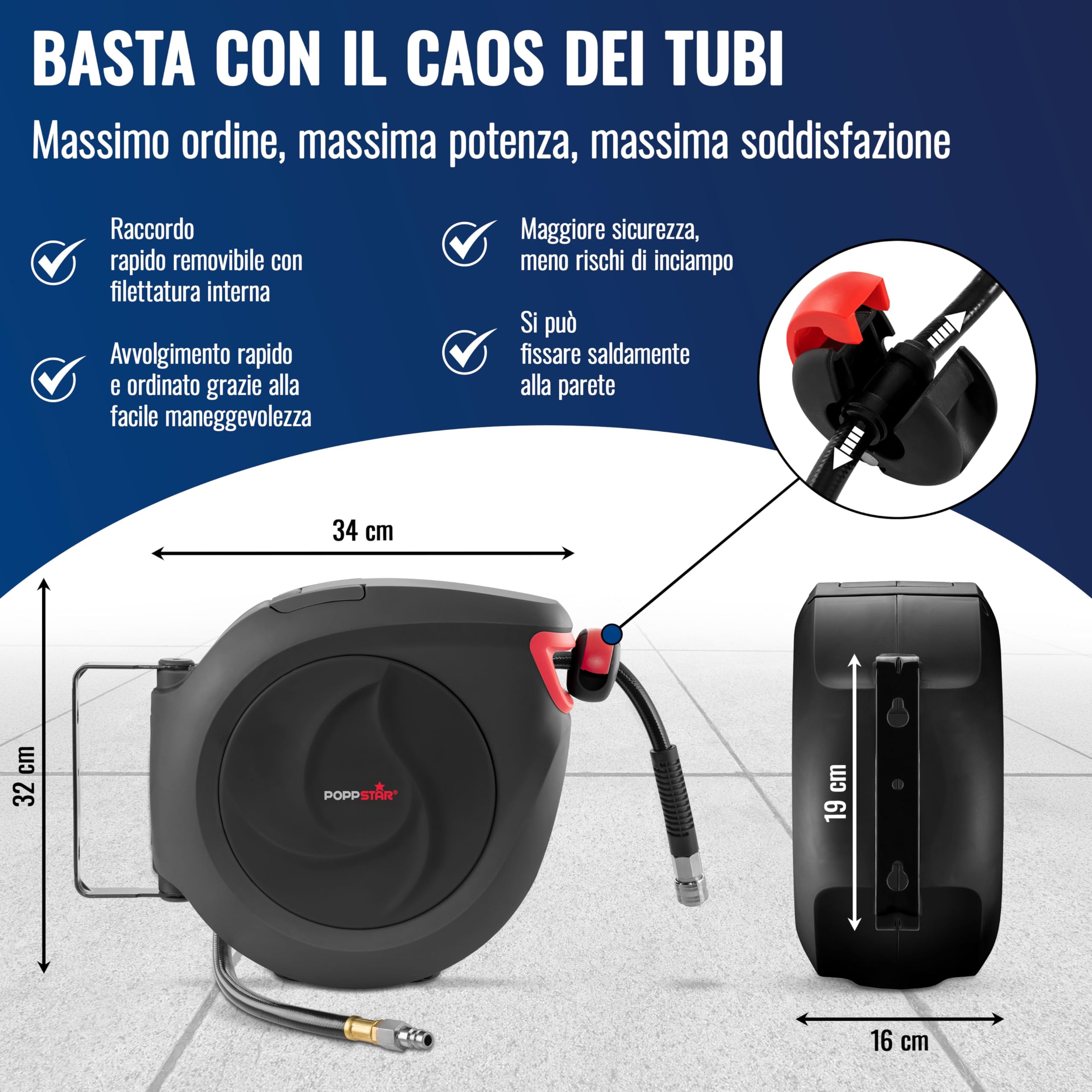 Poppstar Avvolgitubo per tubi ad aria compressa professionale (15m + 1m, diametro del tubo 3/8" (9,5 x 15 mm)), connessione 1/4" BSPT giunto rapido, con riavvolgitore automatico e auto-stop