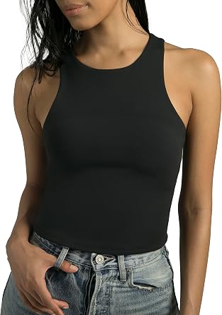 Colorfulkoala Womens High Neck Tank Tops Body Contour Sleeveless Crop Double Lined Yoga Shirts