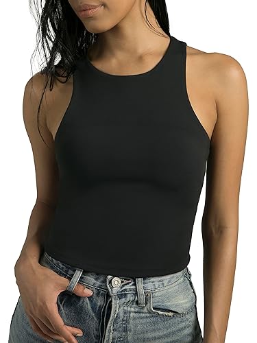 Colorfulkoala Women's High Neck Tank Tops Body Contour Sleeveless Crop