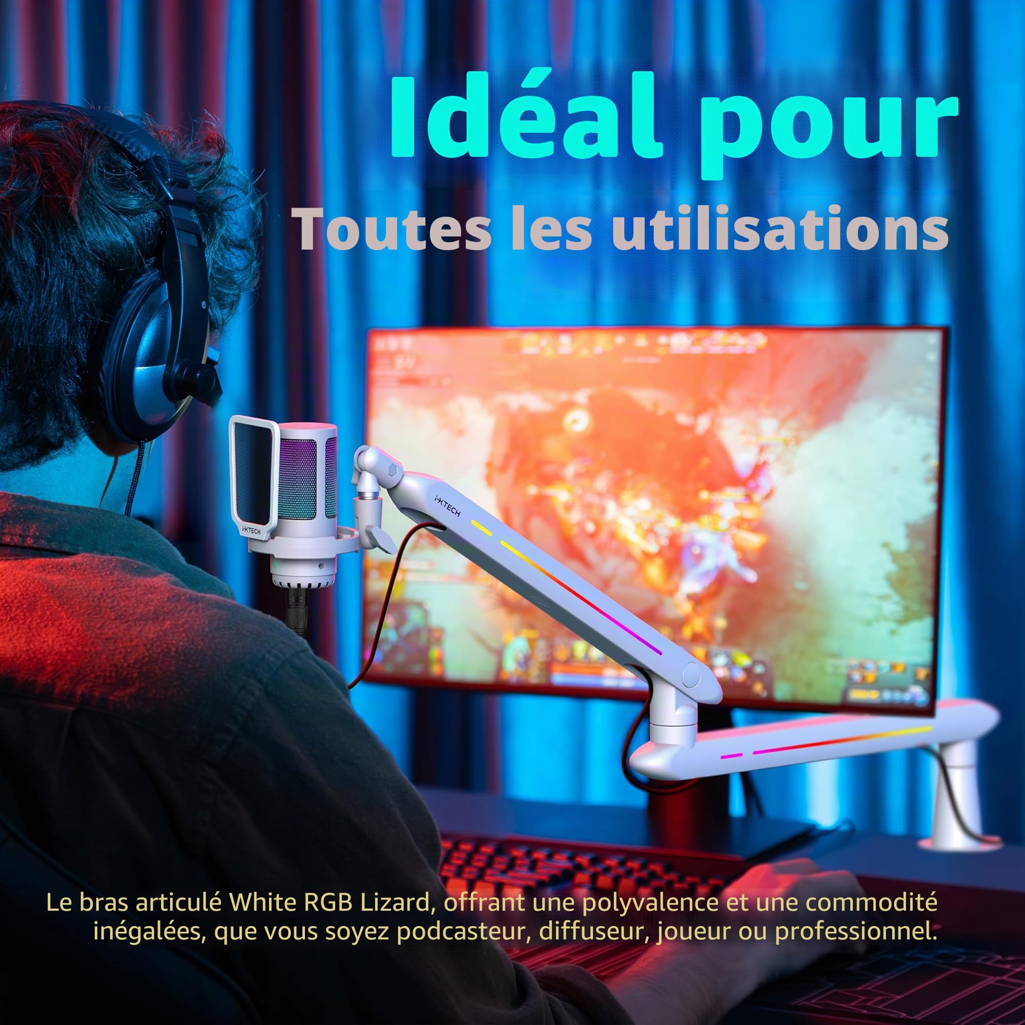 IXTECH Bras de microphone RVB à profil bas pour micro, support de microphone réglable avec pince de fixation de bureau, bras rotatif avec gestion des câbles pour podcast, streaming, studio de jeu