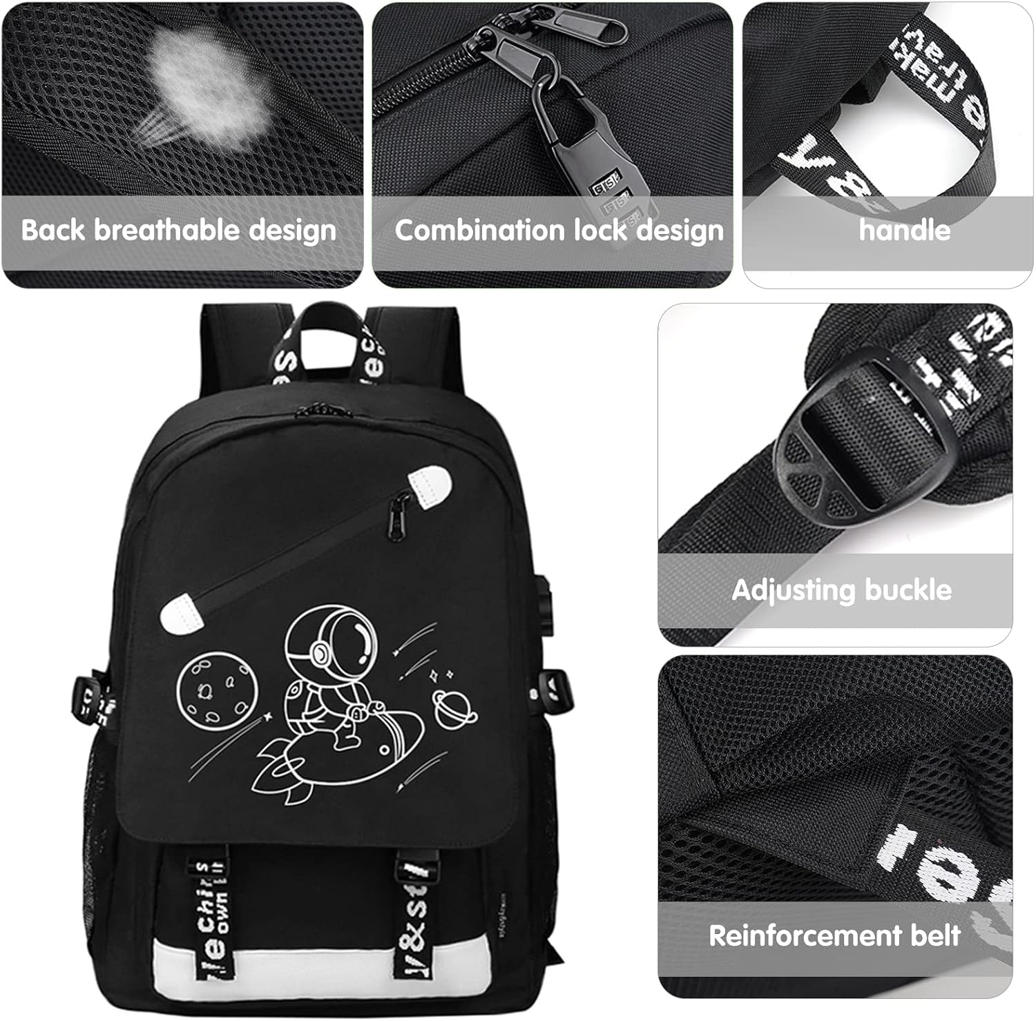 MCWTH School Backpacks for Teen Boys, Luminous School Bag Bookbags for Kids (Space Rocket)