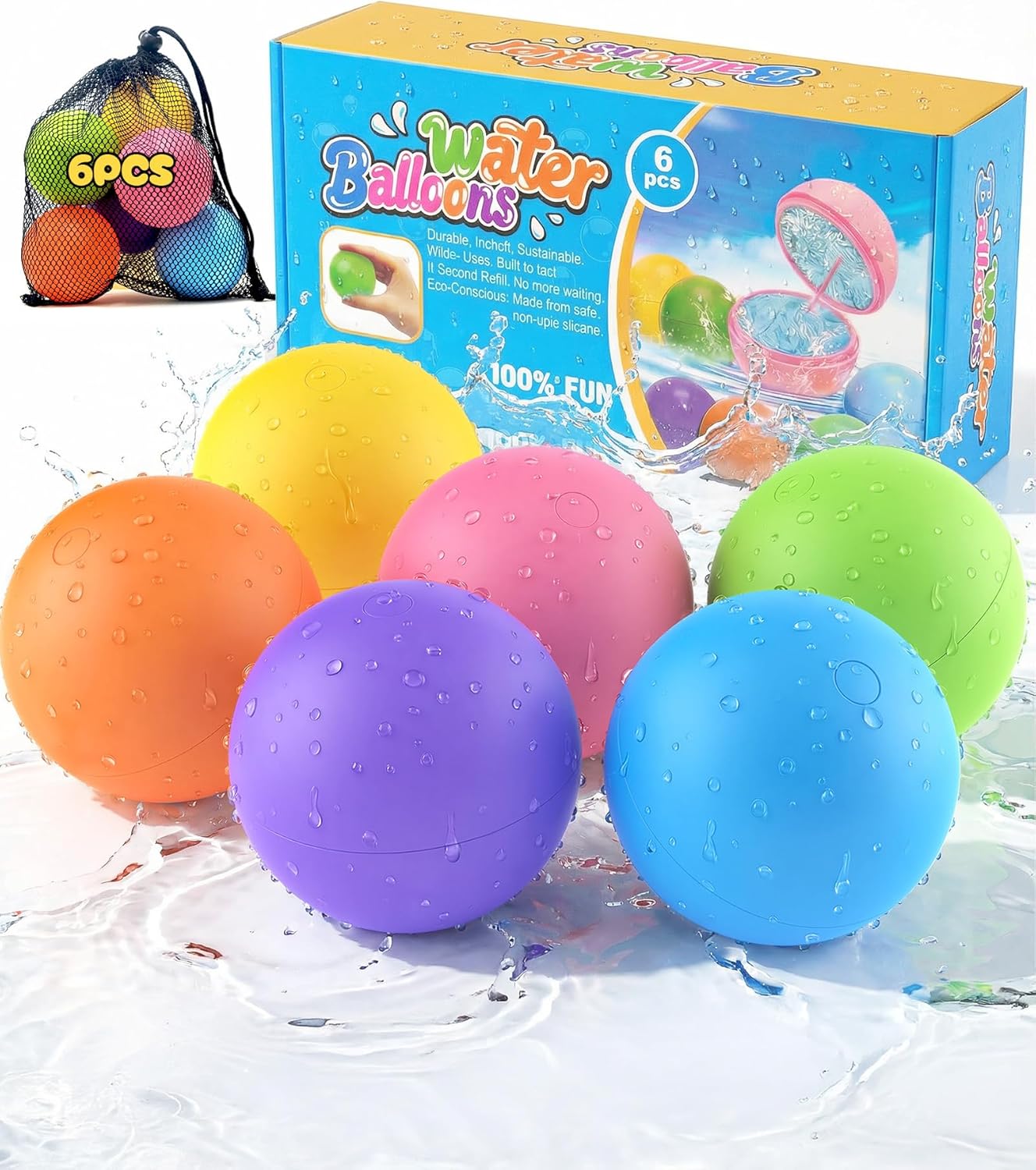 6Pcs Reusable Water Balloons for Kids & Family Outdoor Play – Quick Fill, Soft Silicone, Easy to Collect, No Magnets, Perfect for Yard, Pool Beach Games, Summer Water Toys