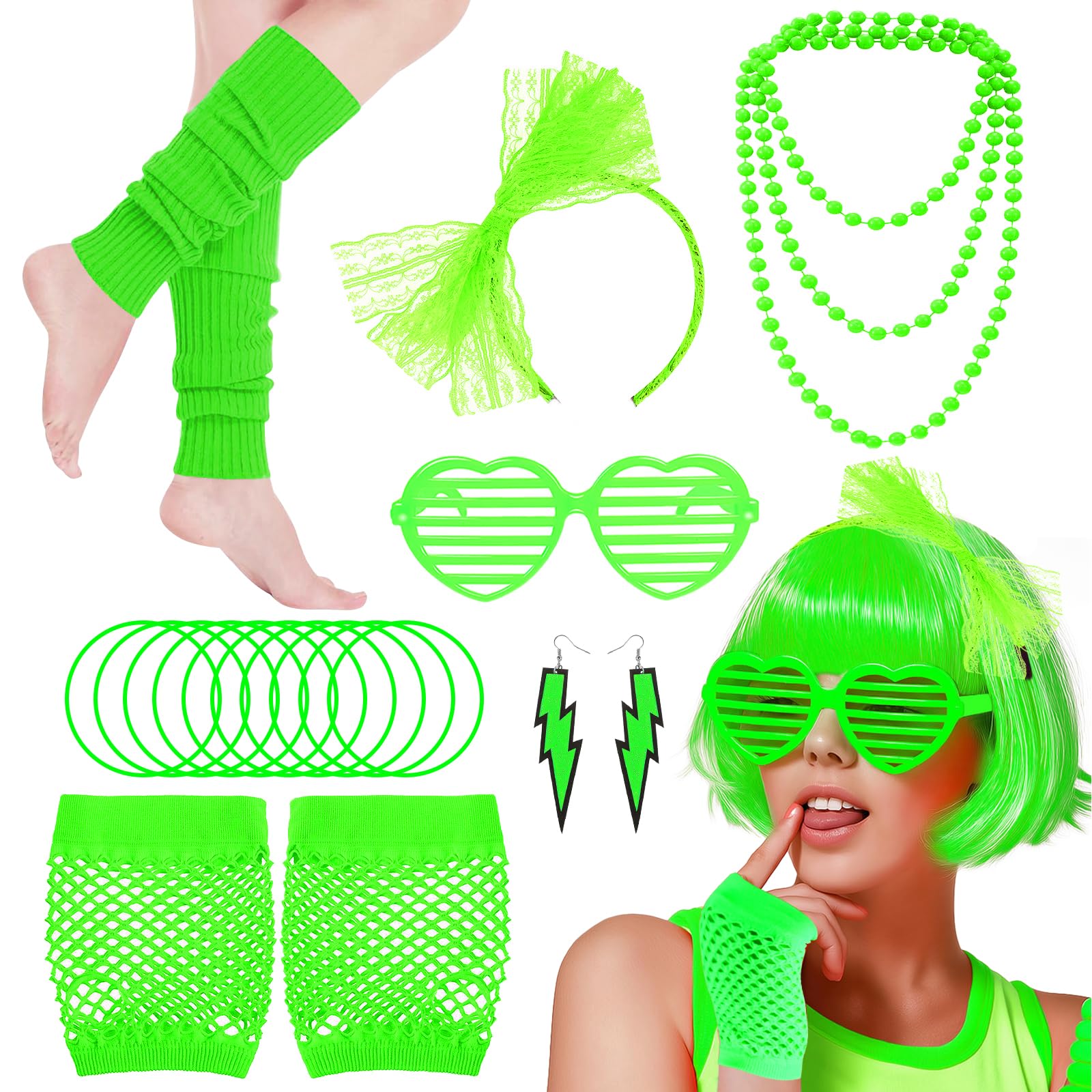 80s Fancy Dress Accessories Set, 1980s Retro Costume Kit with Bow Headband Leg Warmers Fishnet Gloves Earrings Necklace for Women Girls 80s Theme Party Hen Do Party Supplies (Green)