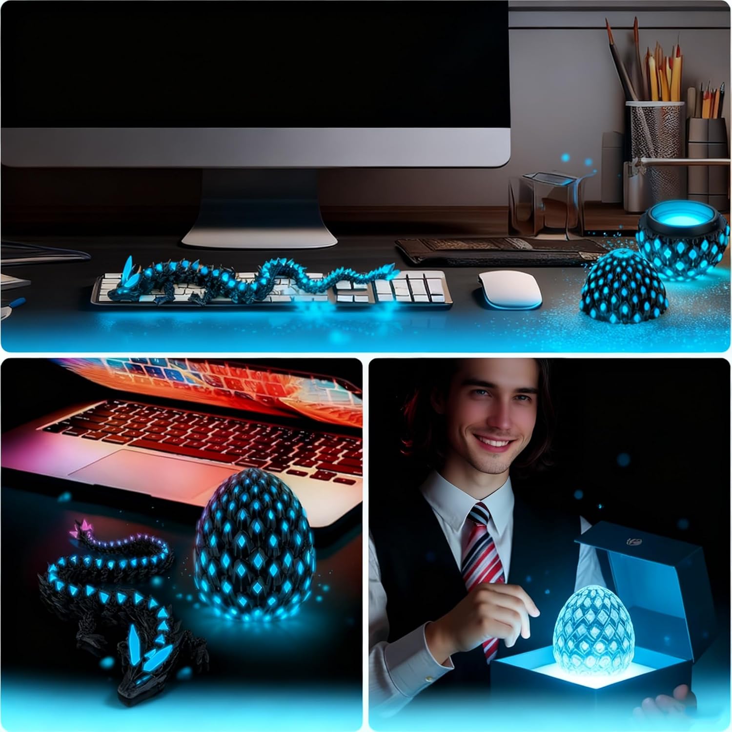 2 Pack 3D Printed Dragon Eggs Animals with Dragon Inside, Glow in The Dark Articulated Dragons Figurines, Black Blue and Black Purple Mystery Dragons Egg Fidget Toys, Home Desk Bookshelf Decor Gifts