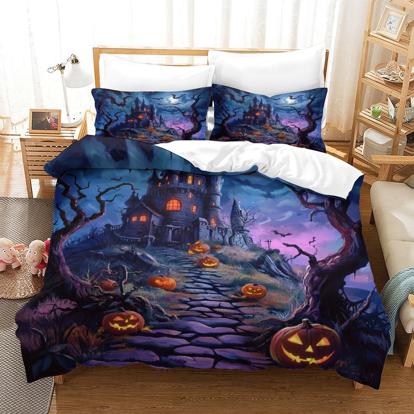 YYVKPMLXC Bats Duvet Cover Set,Halloween Pumpkin Lanterns 3D Pattern Bedding Set Easy Care Quilt Cover 3pcs, Comforter Cover with Zipper Closure for Kids Teens Adults Bedding Double（200x200cm）