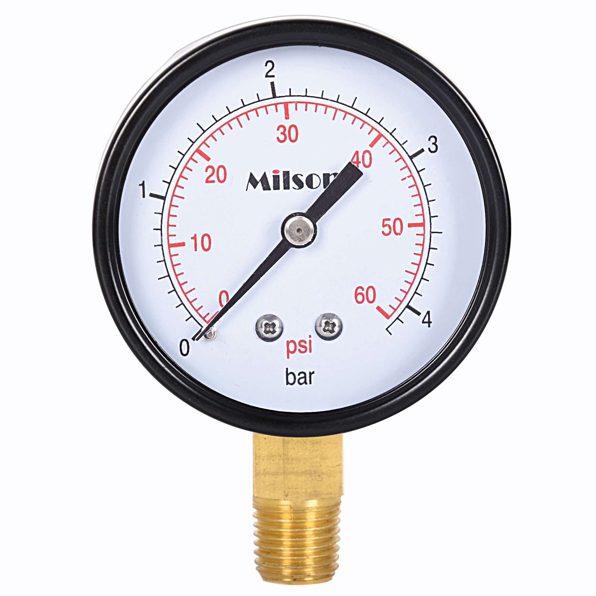Milson Pressure Gauge, 2.5" Black Steel Case, Bottom Mount, 1/4"NPT, 0+60 Psi/Bar, Accuracy: +/-2.0, Brass Internal, Multiple Function