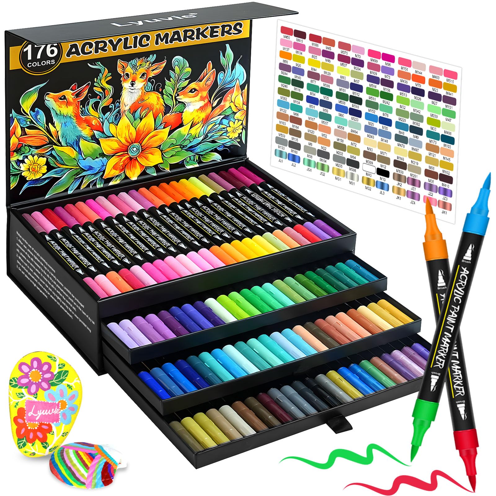 Lyuvie 176 Colores Rotuladores Acrilicos Set,88 Unid Acrylic Paint Brush Markers de Pincel, Rotuladores Acrílicos Permanentes para Pintar Piedras Tela Madera Vidrio Papel Plástico Global Recycled Standard Global Recycled Standard Global Recycled Standard