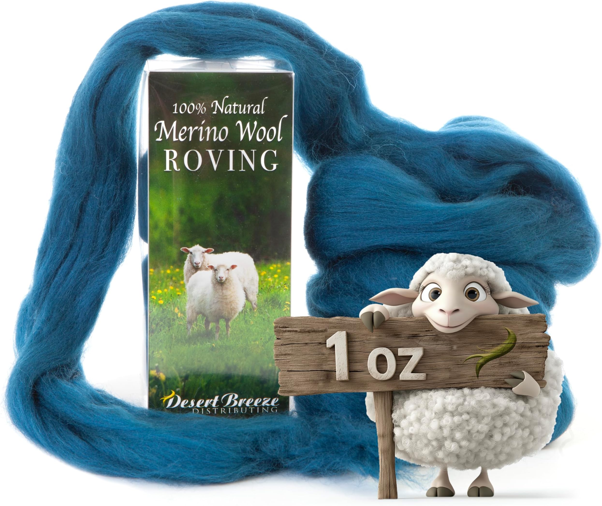 100% Natural Merino Wool Roving - Premium Combed Top Merino Roving Wool - Tapestry, Spinning, Wet Felting & Needle Felting Supplies - 21.5 Micron - 1 oz, Color Teal Blue