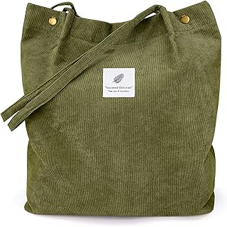 Women Corduroy Tote Bag, Shoulder Purses for Office School Shopping Travel (Army Green)