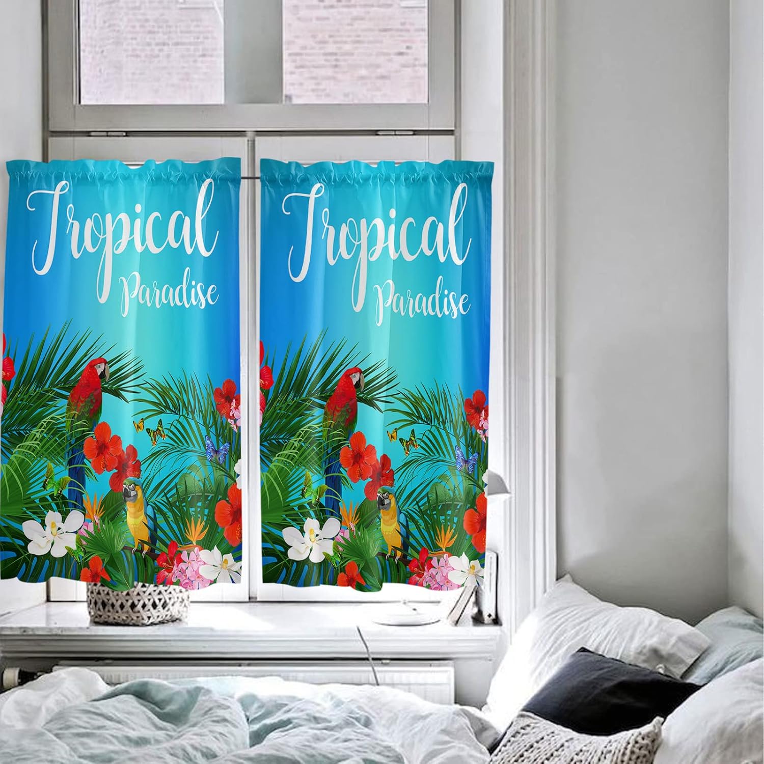 Tropical Window Short Curtains 45 Inch Length, Colorful Summer Flowers Botanical Parrot Blue Rod Pocket Window Treatment Kitchen Drapes for Bedroom, Cafe, Living Room, 2 Panels, 42 W x 45 L