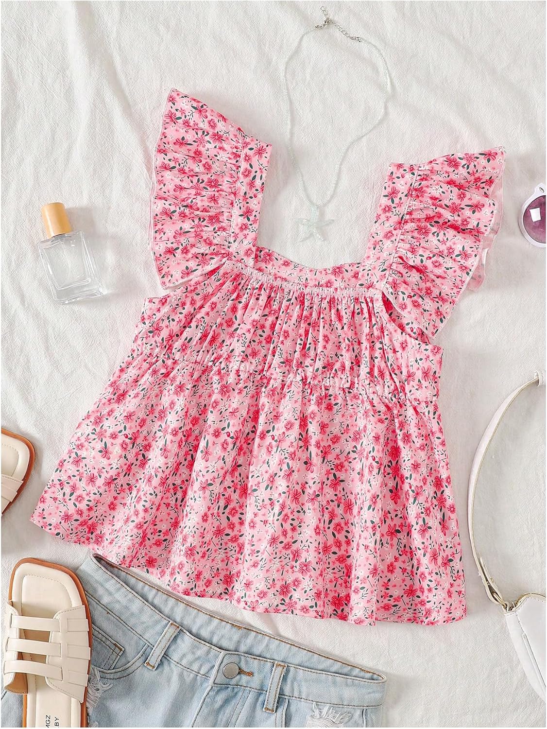 Girl's Floral Ruffle Blouses Shirts Cap Sleeve V Neck Babydoll Peplum Tops Cute Summer Clothes - Image 2