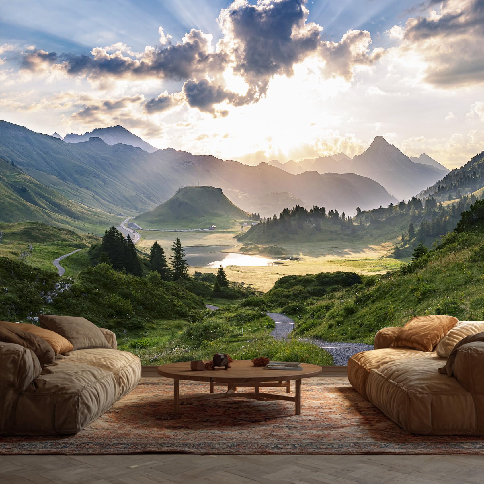 Mountain Wallpaper, Landscape Natural Sunlight Grass Mural Wallpaper, Mountain Room Decor Wall Art for Living Room Bedroom Kitchen 450L x 315W cm โ image 1