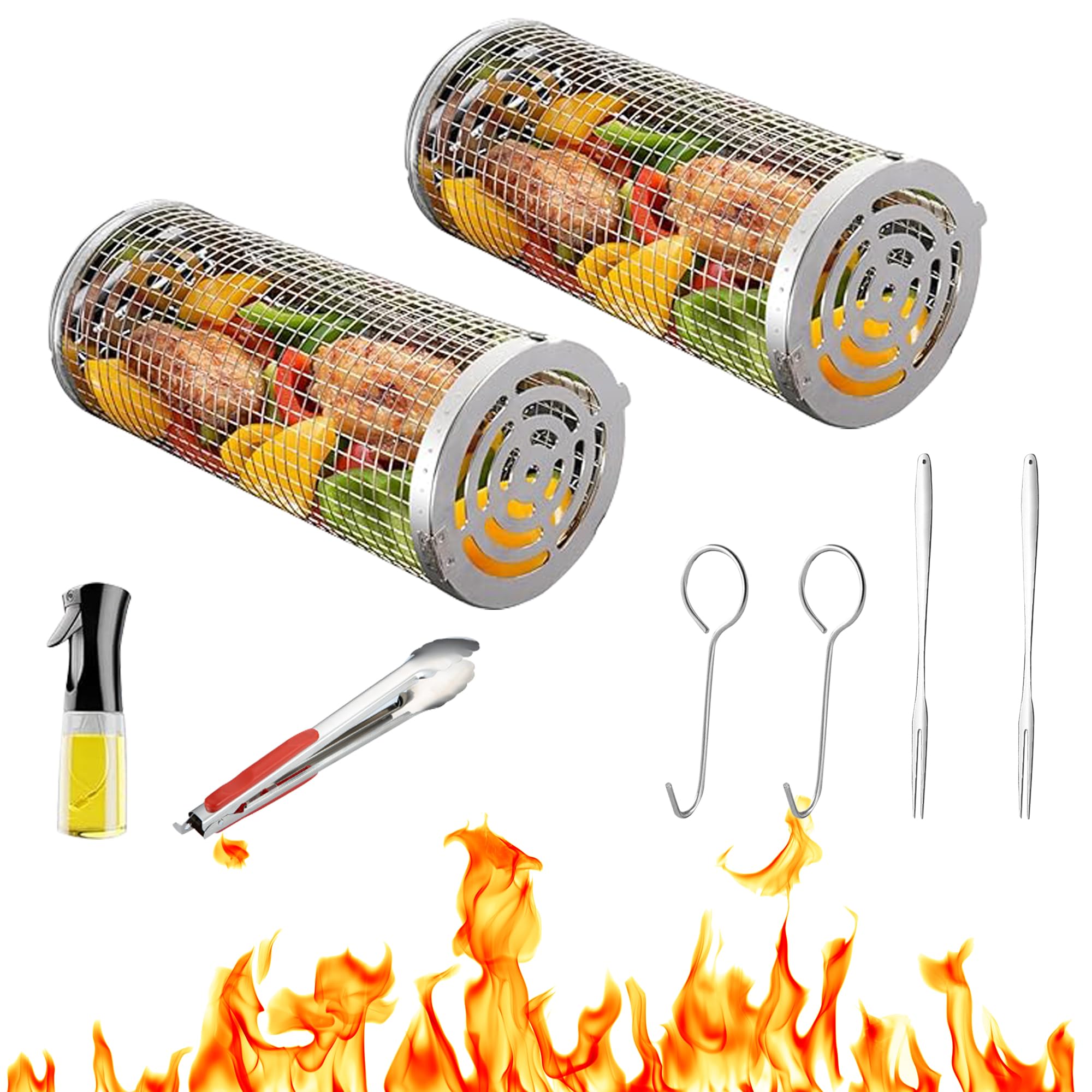 High Quality Heavy Duty Rolling Grill Basket for Outdoor, 2 PCS Cylinder Stainless Steel Round BBQ Grilling Mesh Baskets - Portable Barbecue Net Tube & Grill Accessories for Veggies, Meat, Fish - Ideal Camping Gifts for Men