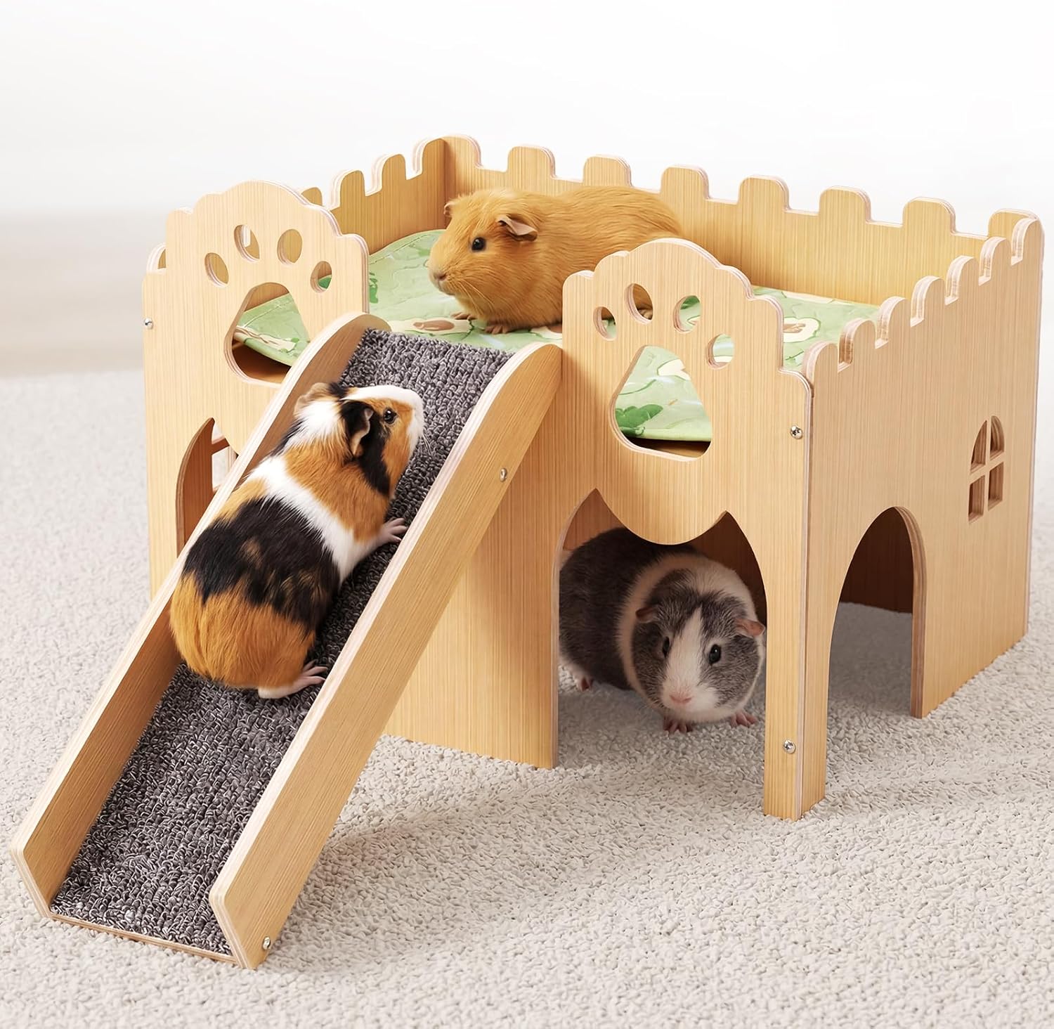 Guinea Pig Hideout Extra Large, Sturdy Wooden Castle House with Stairs, Ventilated Multi-Entry Small Animal Habitat, Easy to Assemble for Guinea Pigs, Bunnies, Hamsters, and Chinchillas