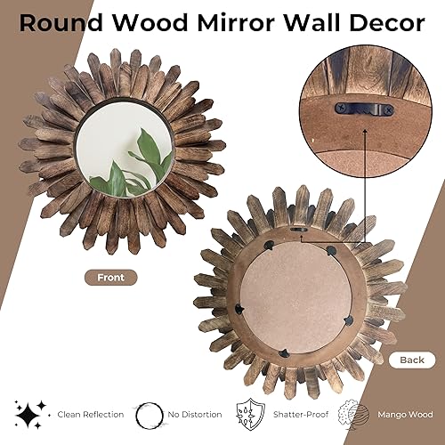 Miniatura 4 de Espejo redondo rústico de madera con forma de explosión de sol de 12 pulgadas, acabado quemado, decoración de pared bohemia para dormitorio, sala de