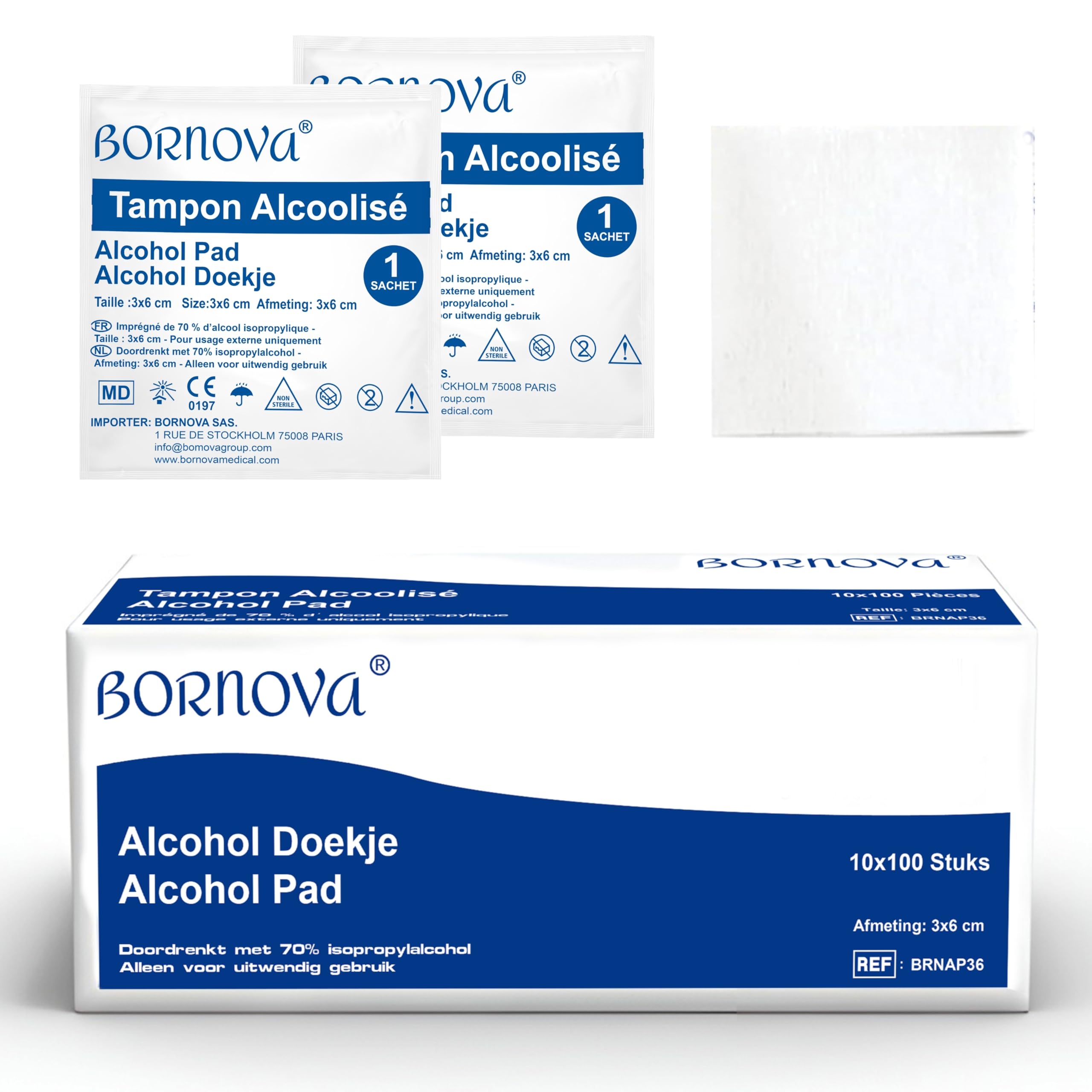1000 UDS – Toallitas impregnadas – 3x6 cm para limpieza de la piel y objetos – Uso único – BORNOVA