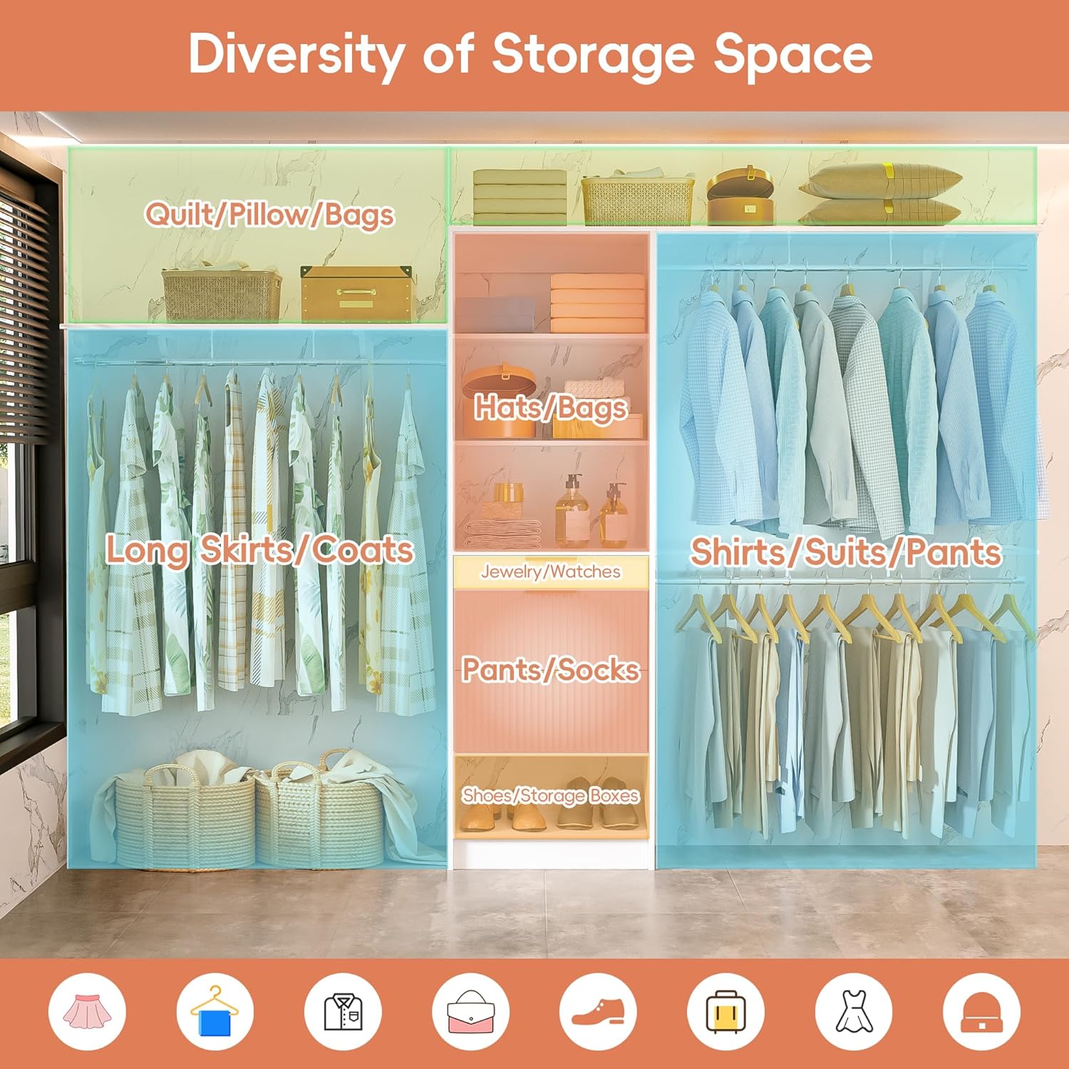 Closet System, 8FT Closet Organizer with 3 Wooden Drawers, Walk-in Closet Wardrobe Clothes Rack with 3 Expandable Hanging Rods, Garment Rack, White