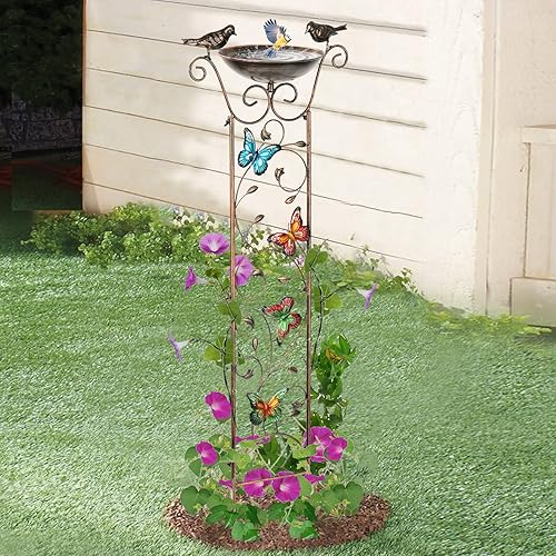 Miniatura 5 de SUNNYPARK Baño para pájaros con enrejado al aire libre, enrejado de hierro antiguo para jardín con mariposas decorativas, cuenco desmontable para