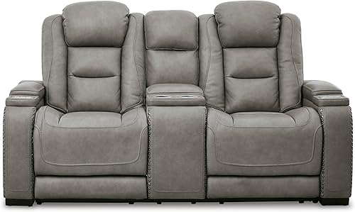 Miniatura 8 de Signature Design by Ashley The Man-Den - Sofá biplaza reclinable de cuero con consola central, reposacabezas ajustable y carga inalámbrica, gris