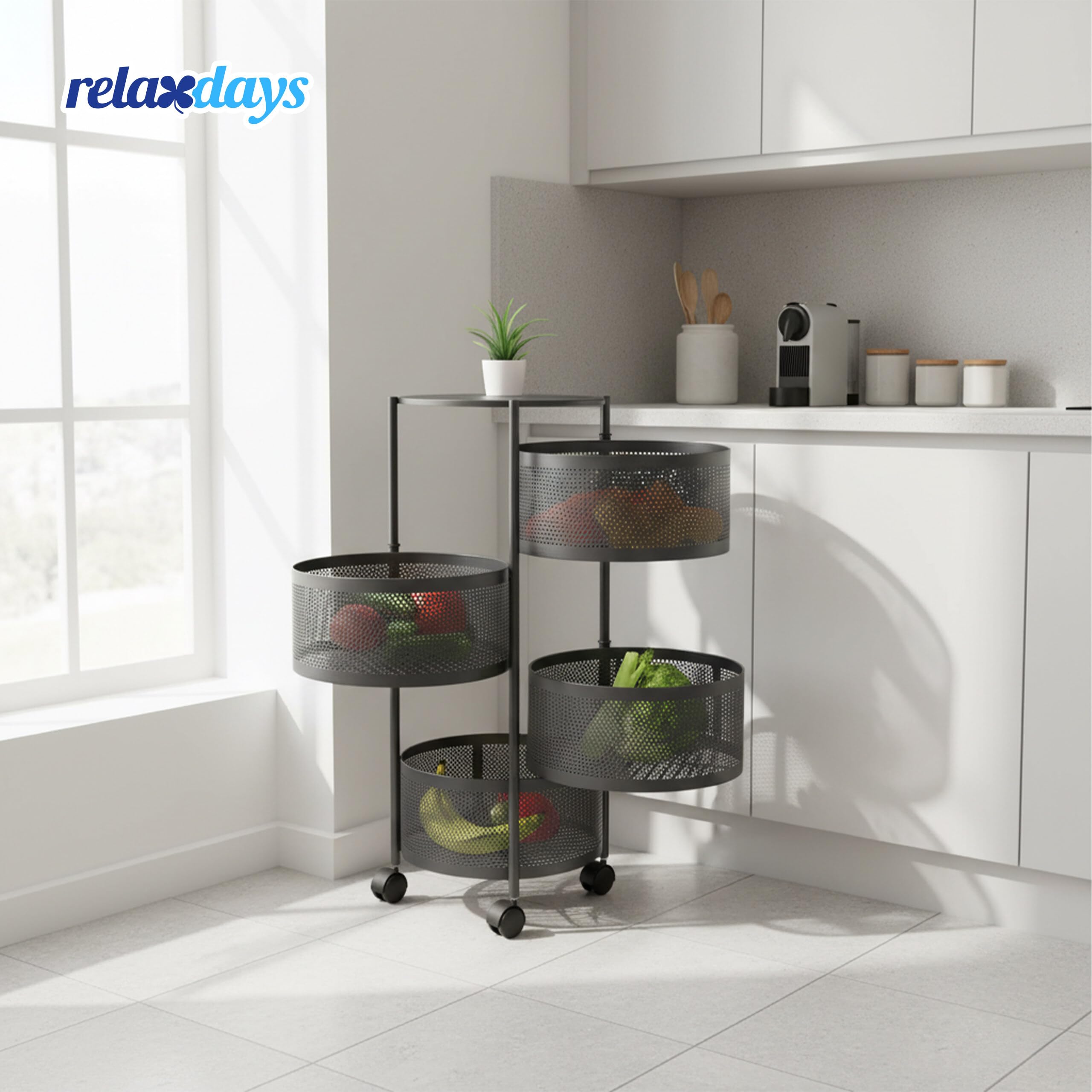 Relaxdays Küchenwagen, 4 drehbare Fächer, HxD: 75 x 34 cm, Metall, 2 Bremsen, Rollwagen Küche & Bad, Rollregal, schwarz