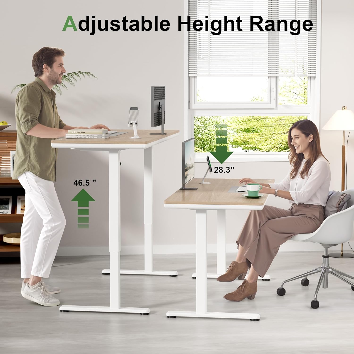 Diagram showing adjustable height range of the Homall Electric Standing Desk from 28.3 inches to 46.5 inches, with a person sitting and standing at the desk.