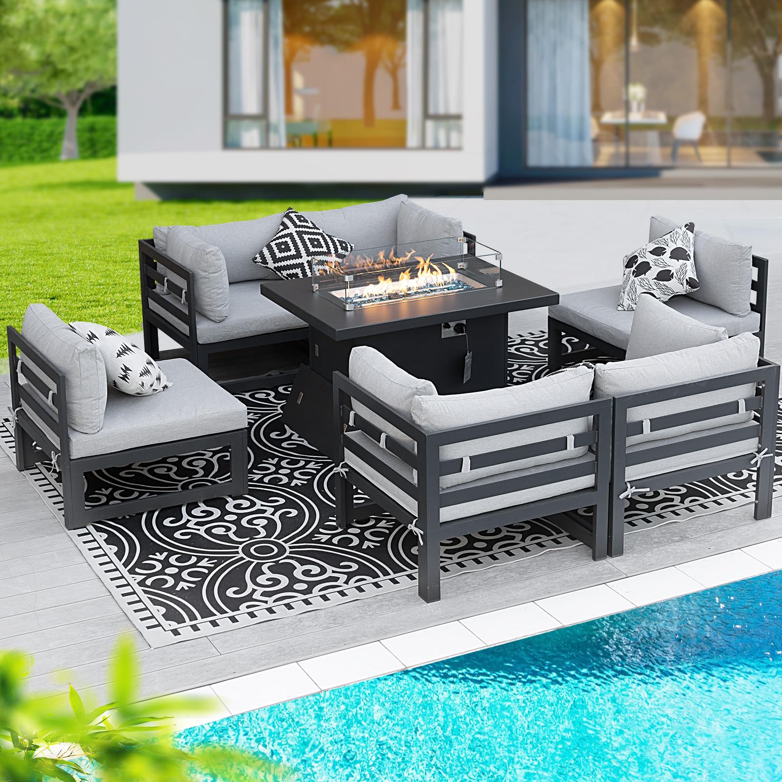 BULEXYARD 7 Piece Oversized Modular Outdoor Furniture Set with Fire Pit Table, 29" Deep Wide Sectional Seating, Heavy Duty Aluminum Frame for 500 lbs,