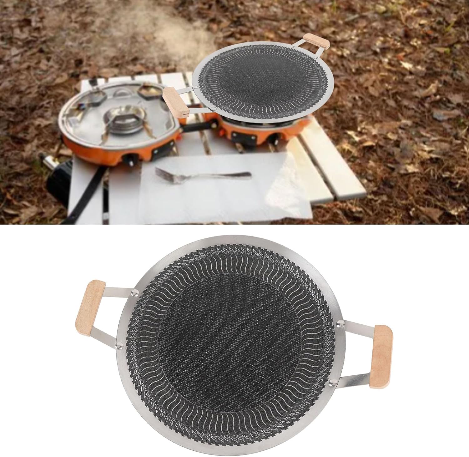 Stainless Steel Korean BBQ Grill Pan,Round BBQ Grill Pan with Non Stick Coating, Fast Heat Distribution, Accommodates 4 to 6 People (38cm)