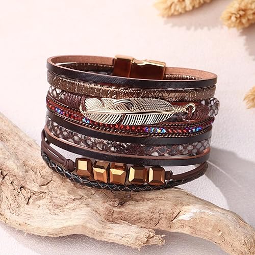 Miniatura 6 de Fesciory - Pulsera de leopardo para mujer, estilo bohemio de cuero multicapa con perlas de cristal