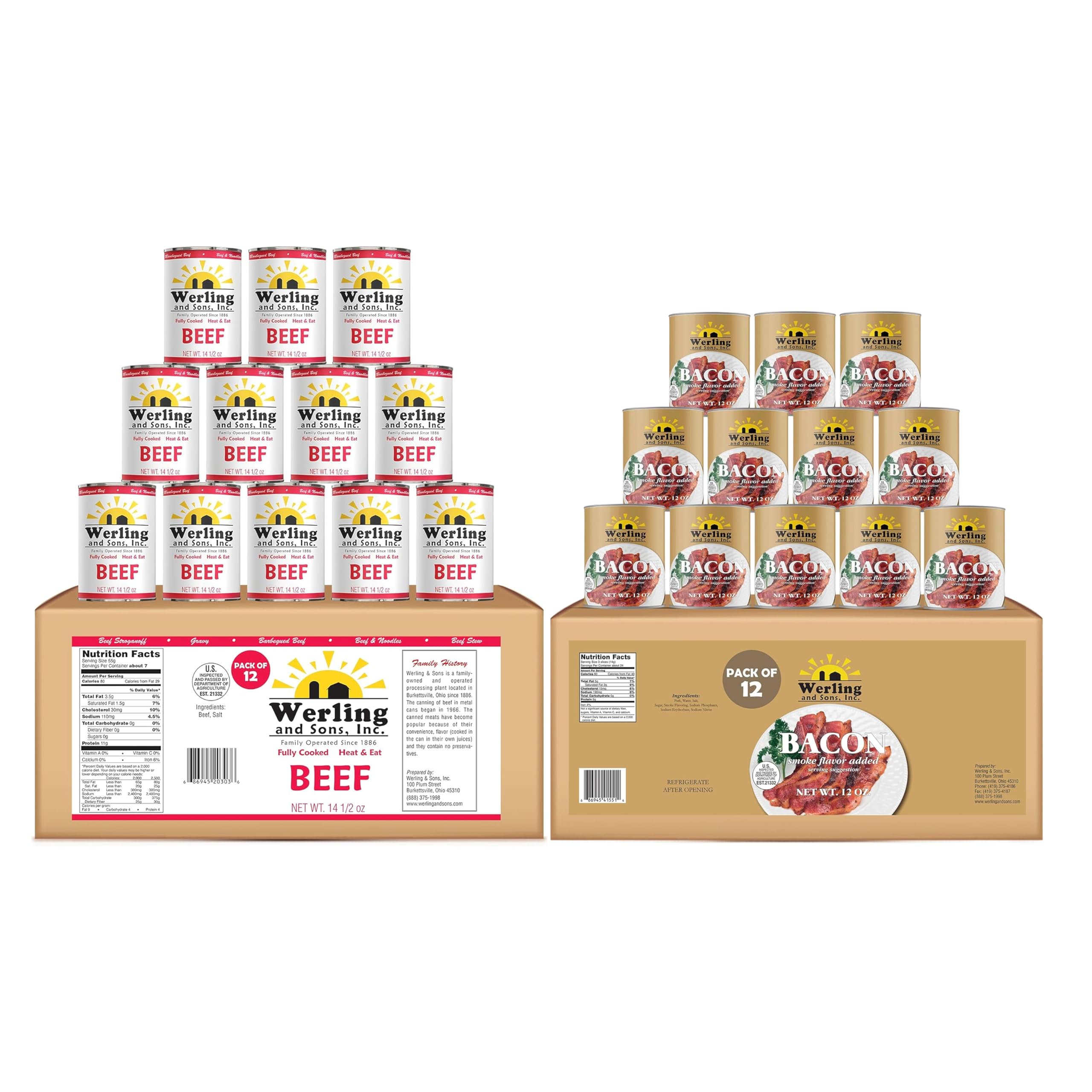 Werling Canned Meat Variety Bundle – Fully Cooked Bacon (12 oz) & Canned Beef (14.5 oz), 12-Pack Each – Ready-to-Eat, Shelf Stable up to 5 Years, Pantry Staple for Camping, Travel & Everyday Meals