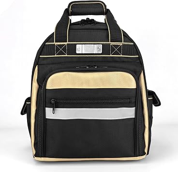 Men/Women Tool Bag Backpack, Heavy Duty with Round Molded Base, 1680D Professional Level Durable Multi Pockets Tool Organizer for Electricians & Home Repair Champagne Gold