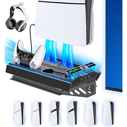 PS5 Wall Mount Kit with Charging Station for Edge & Dual Controller, 9 Light Modes PS5 Cooling Station with 3-Level Fan, PS5 Pro Stand Wall for PS5/Slim/Pro Disc&Digital, PS 5 Accessories Shelf Mount