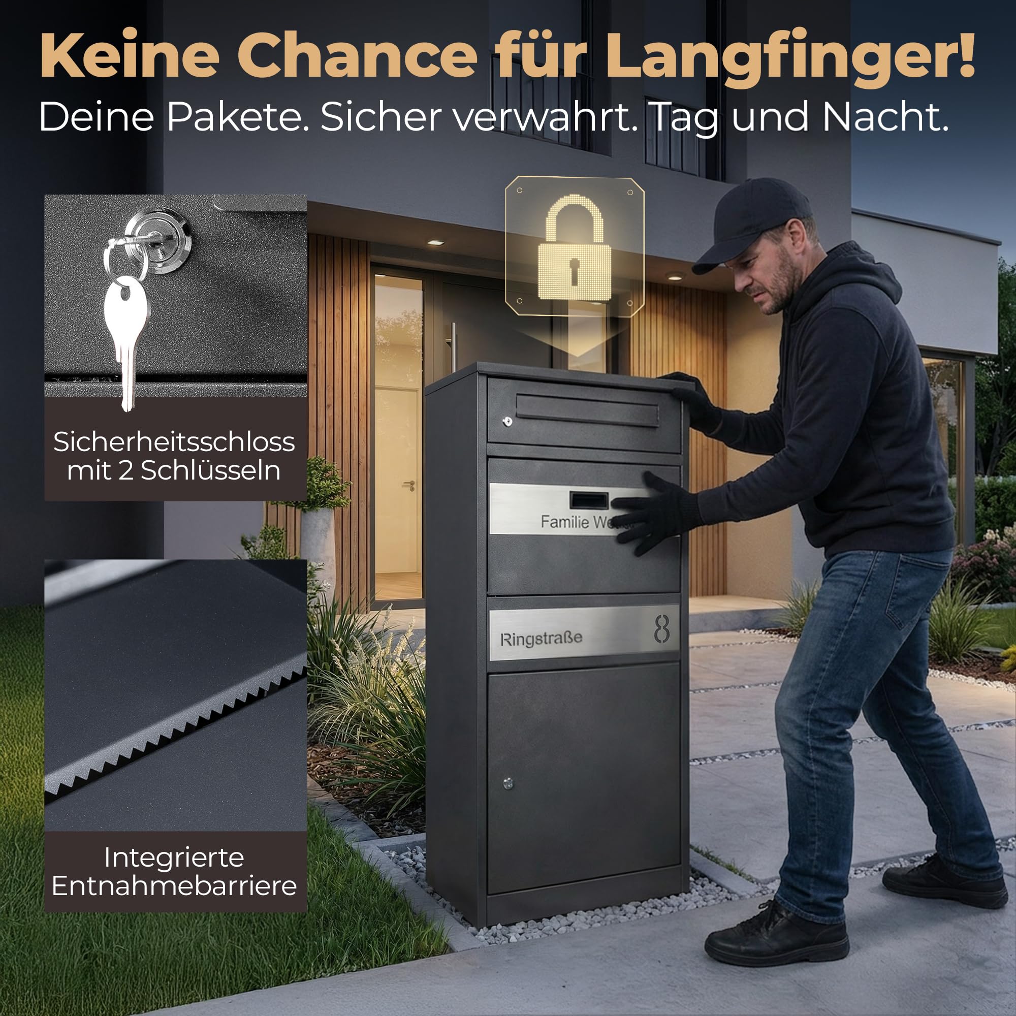 Paketbox Draussen Groß XXL (Anthrazit) | Briefkasten mit Paketfach Freistehend | 100% Wasserdicht & fertig Montiert | Diebstahlschutz Paketbriefkasten für Zuhause (DB703 Eisenglimmer)