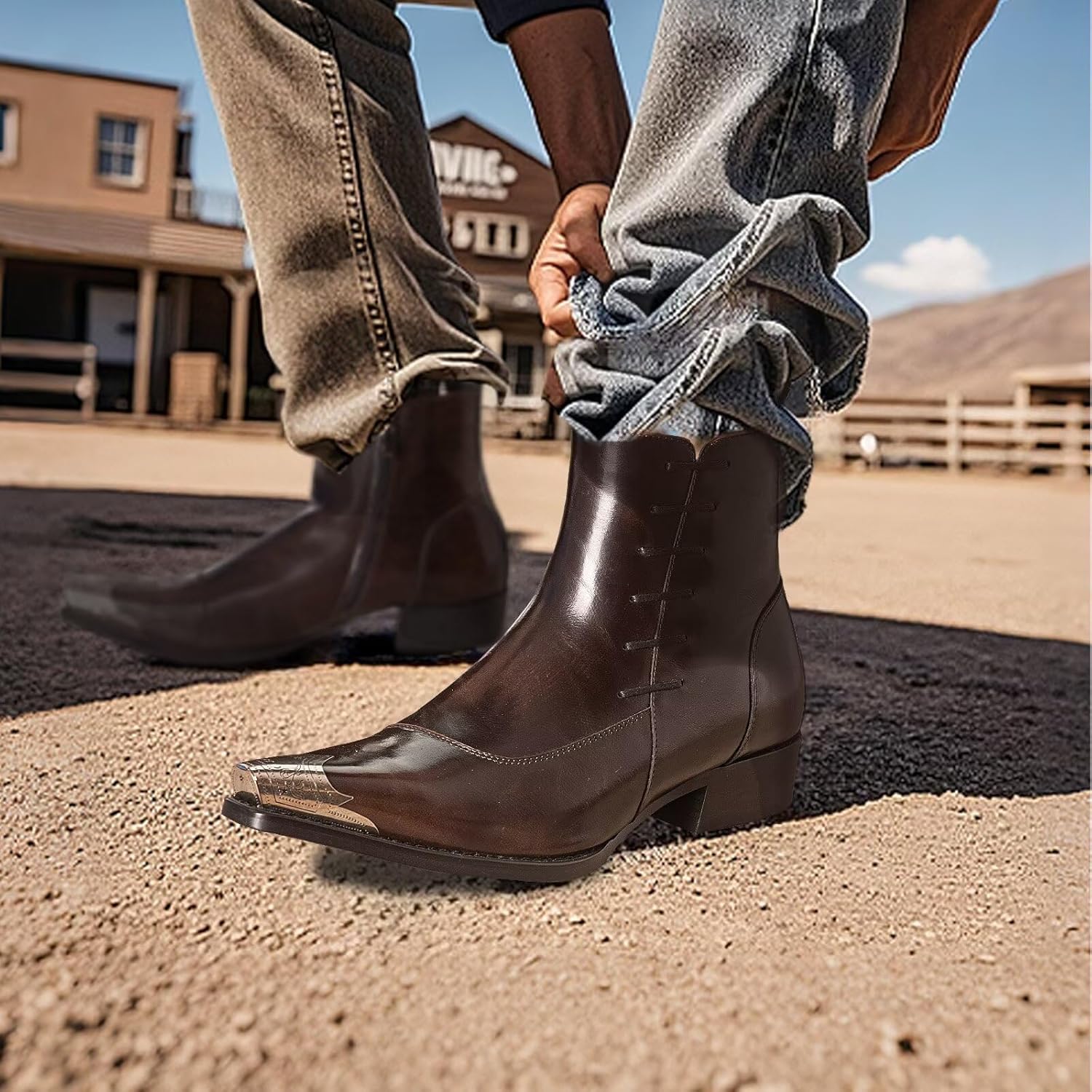Men’s Western Pointed Toe Ankle Boots with Metal Toe Cap Side Zipper Comfortable Non Slip Dress Boots for Back to School and Banquet - Image 2