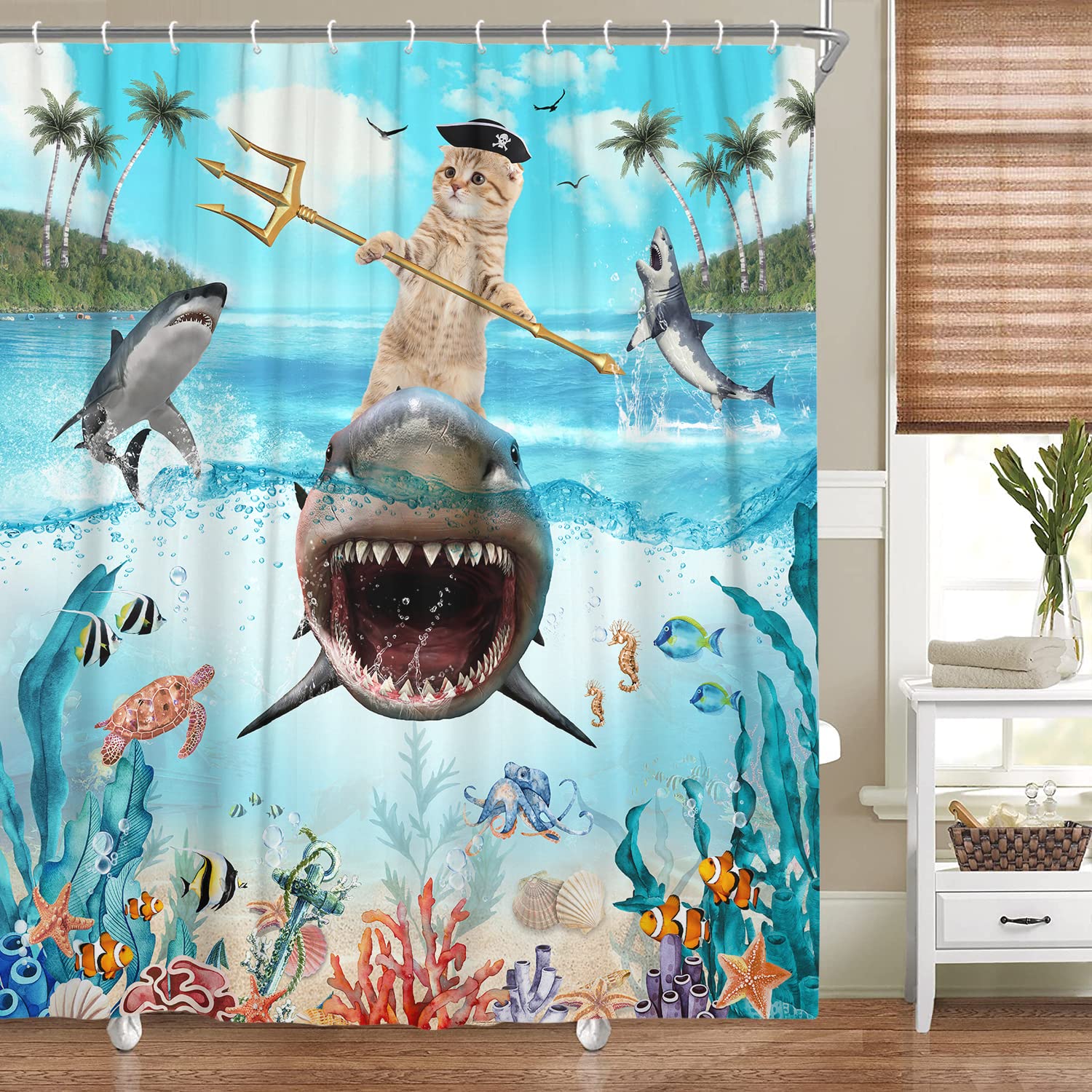 DYNH Duschvorhang Mit Meerestier-Motiv – Oktopus, Schildkröte, Fisch, Blaugrünes Ozean-Design, Wasserdicht, Mit 12 Haken