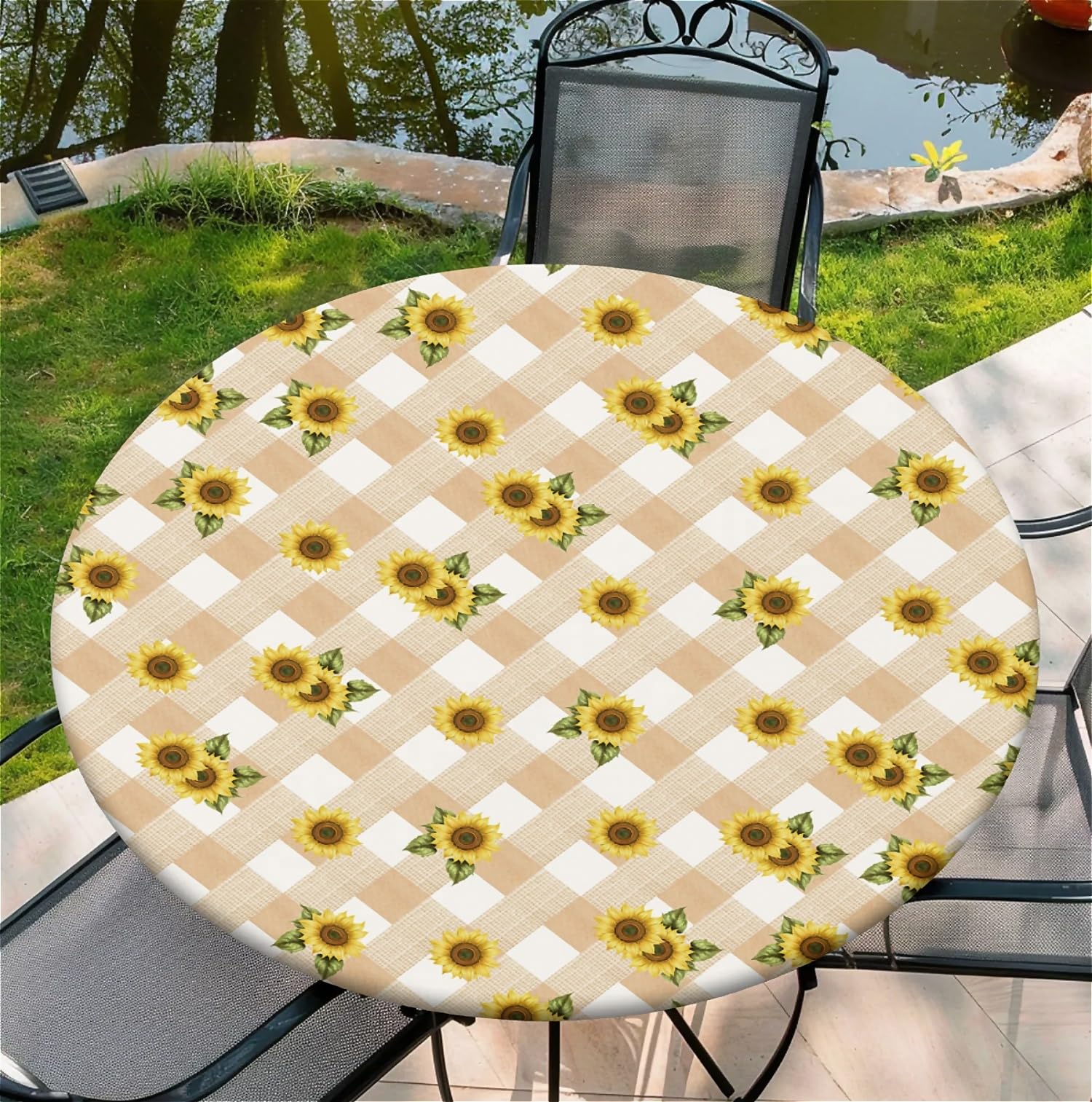 ARTSGOO Round Fitted Tablecloth with Elastic Edge Design Waterproof Outdoor Fitted Table Cover Wipeable Table Cloth for 36" Round Tables - Striped Sunflower