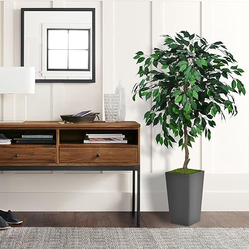 Miniatura 2 de Árbol de ficus artificial de 5 pies, árbol de interior sintético con maceta alta gris, planta de piso de ficus falso, árbol de seda artificial para